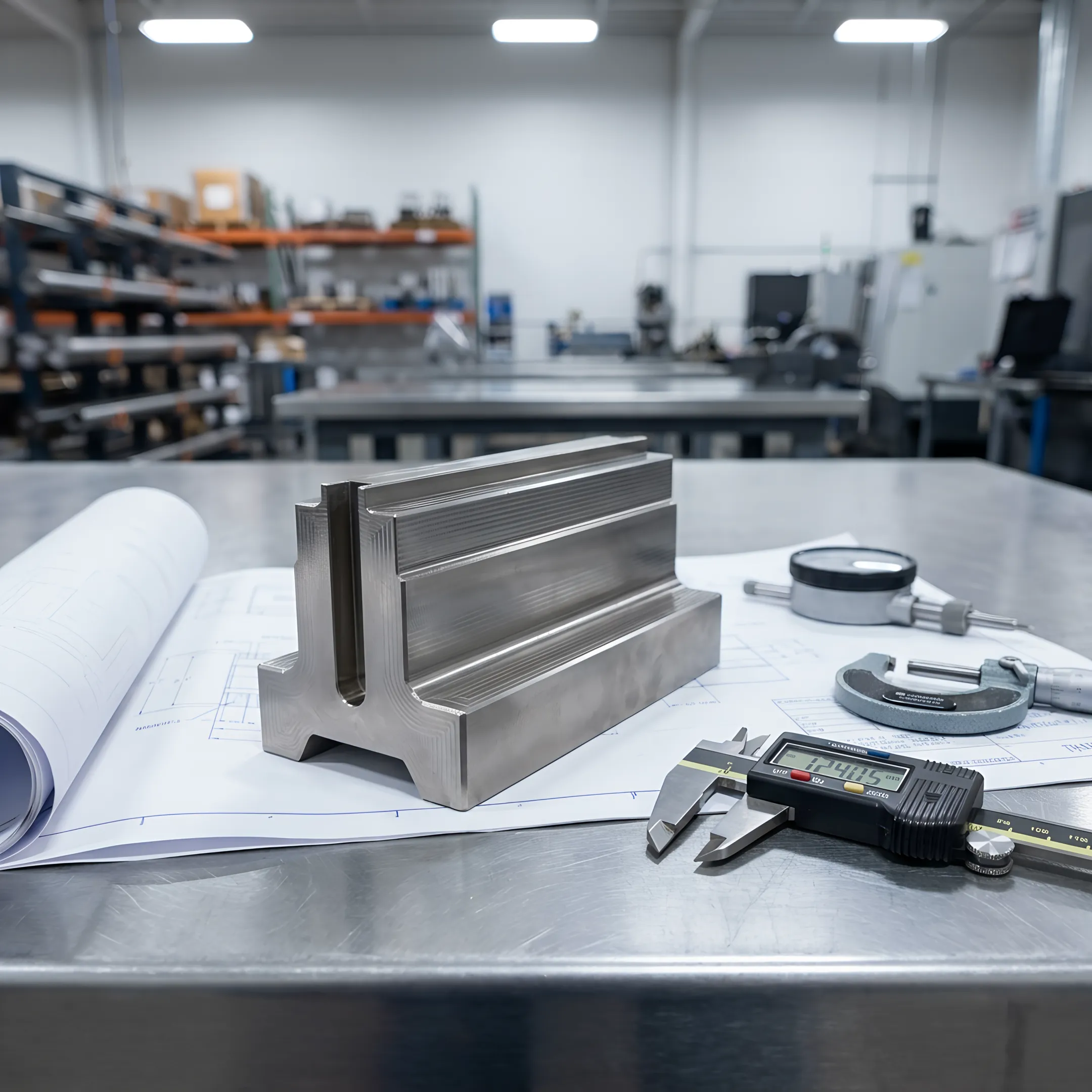 Precision-machined aerospace alloy part on a workbench