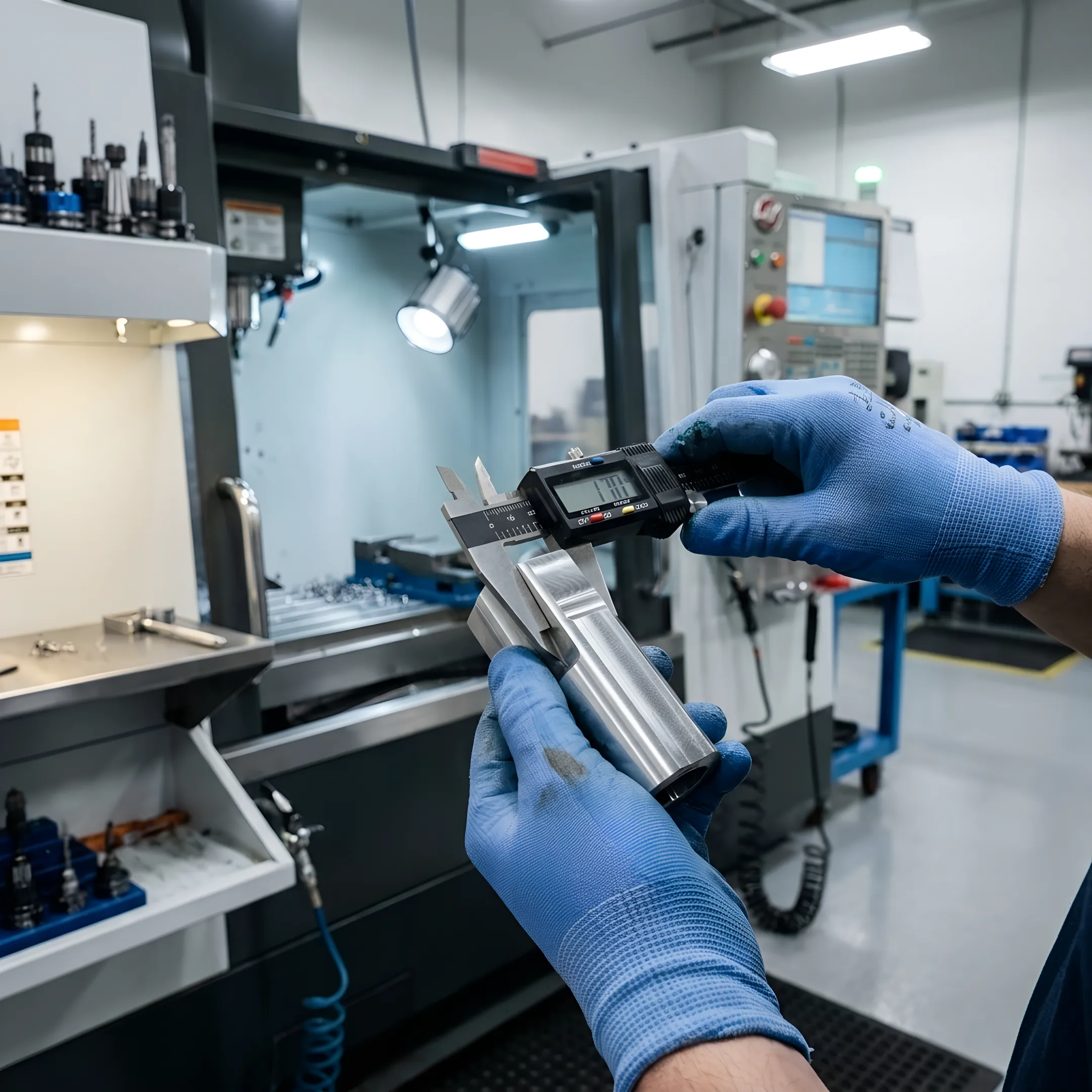 Precision milled alloy component being measured