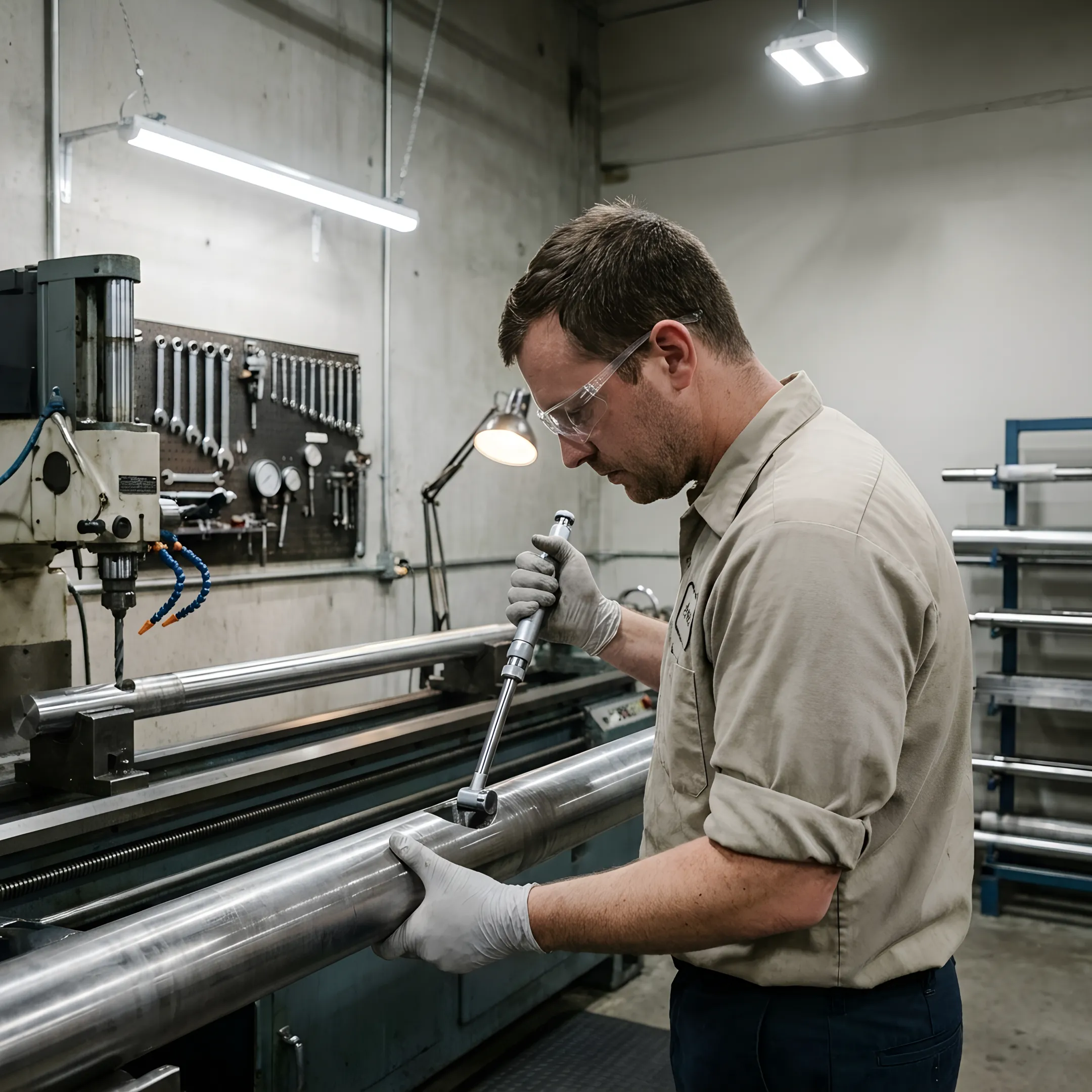 Technician measuring a deep-drilled alloy component