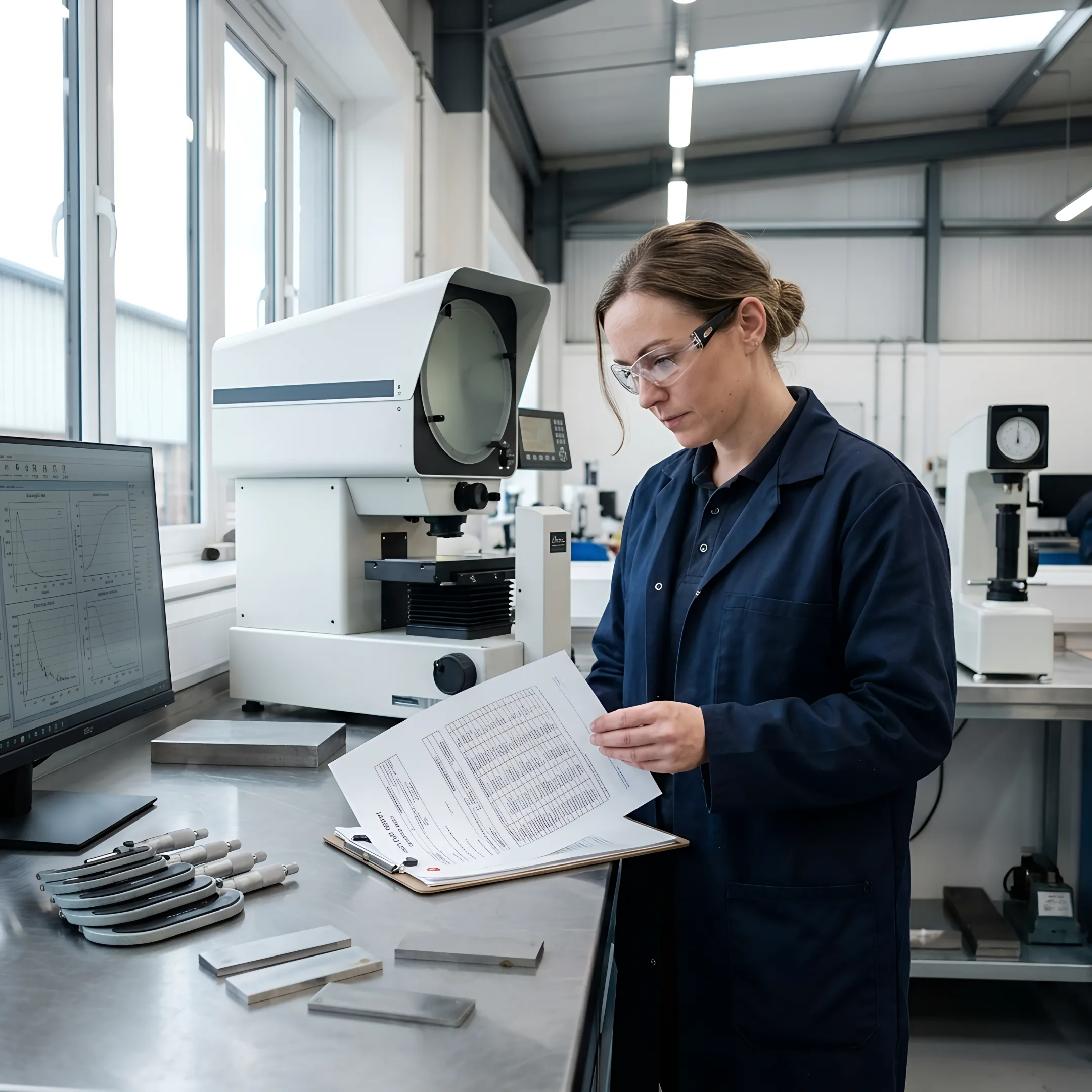 Industrial technician reviewing weld test results