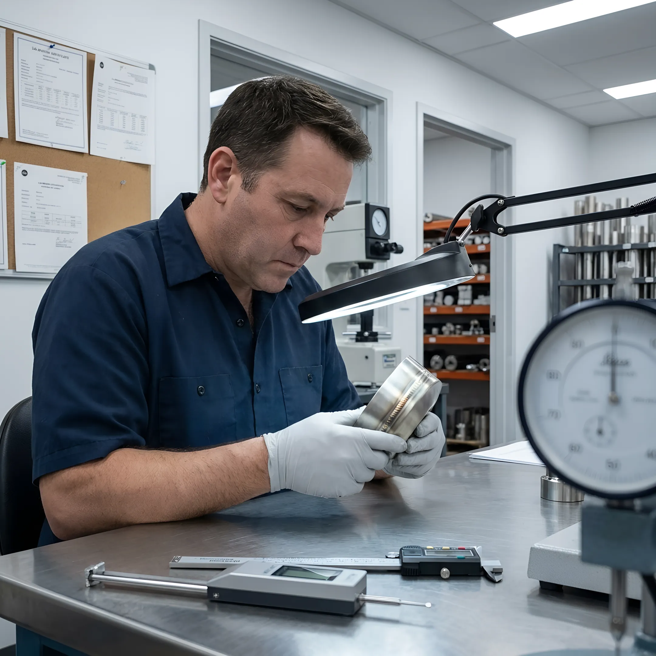 Technician inspecting a welded metal component
