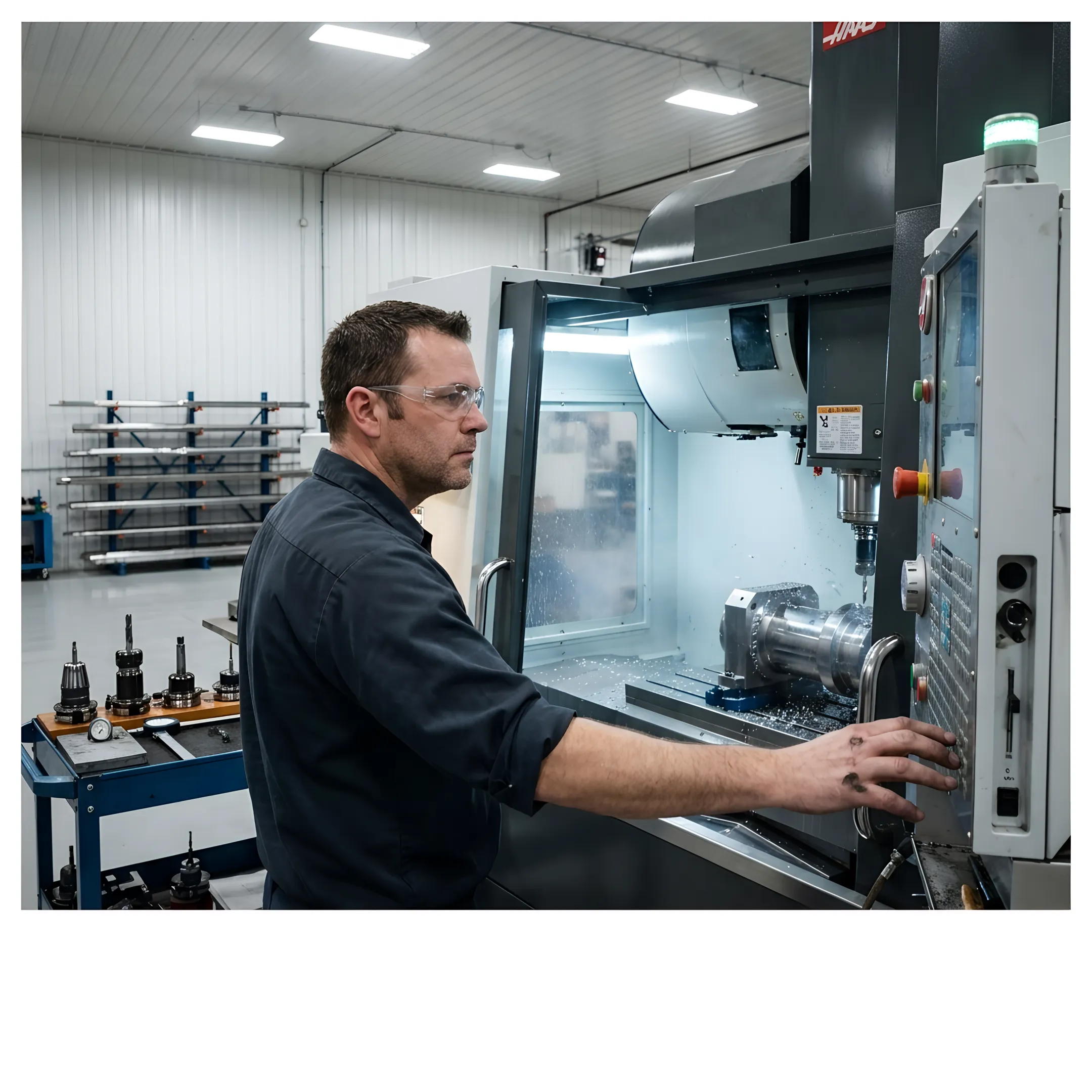 Technician operating a large CNC machine