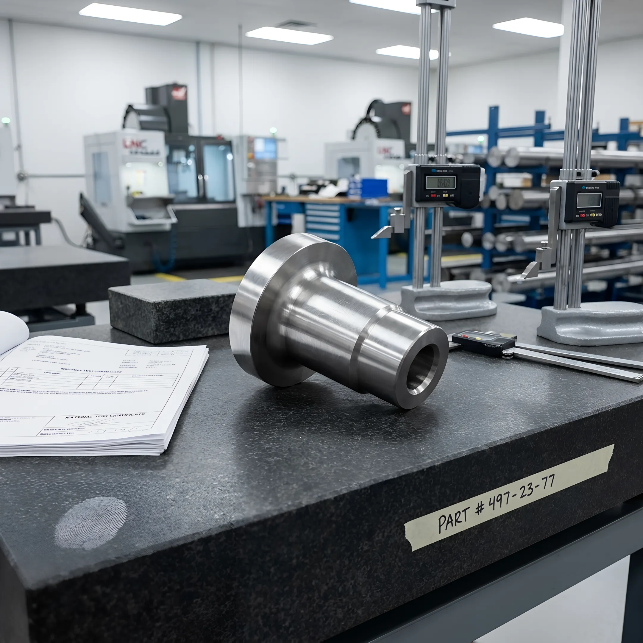 Machined forged alloy component under inspection