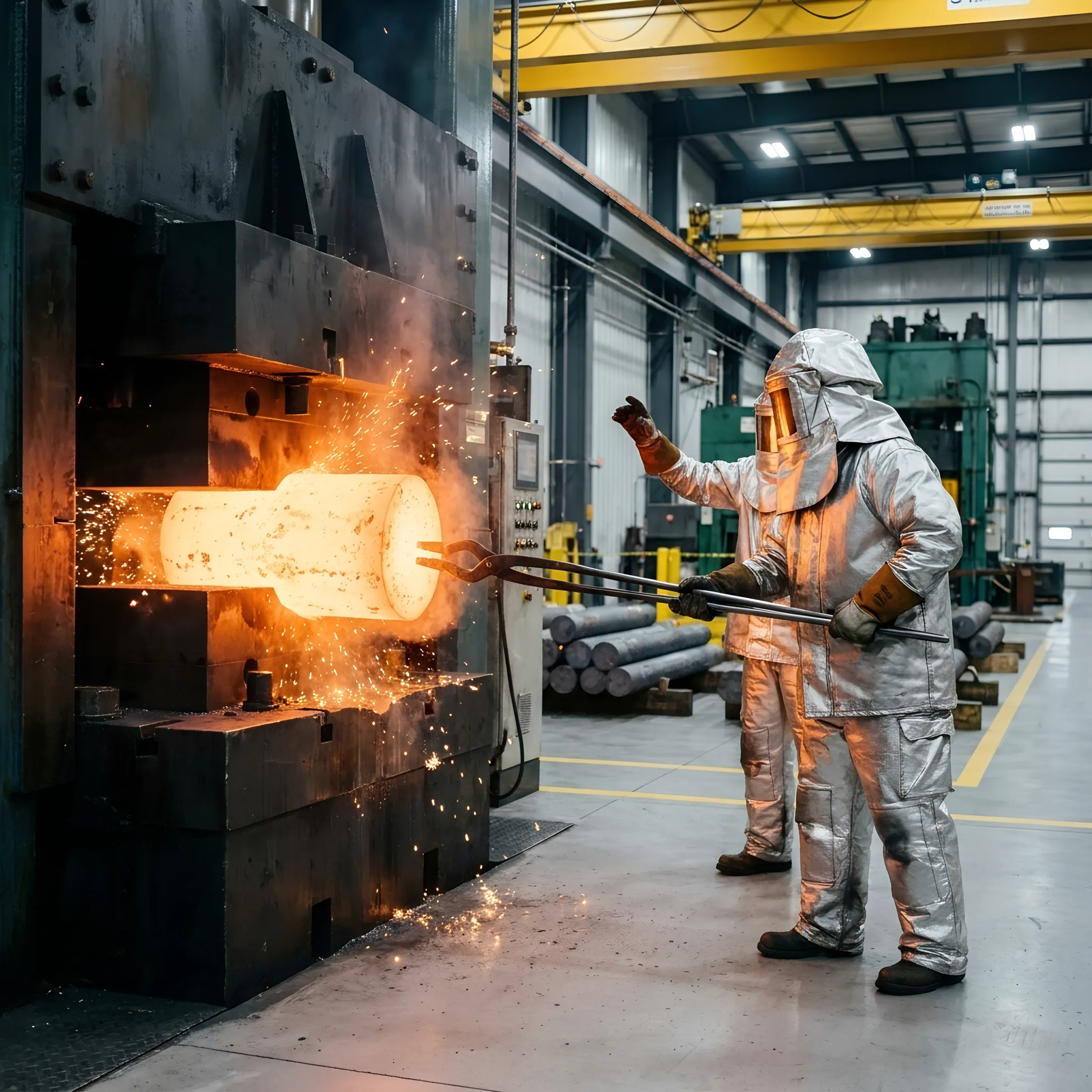 Hot forged metal component in a manufacturing facility