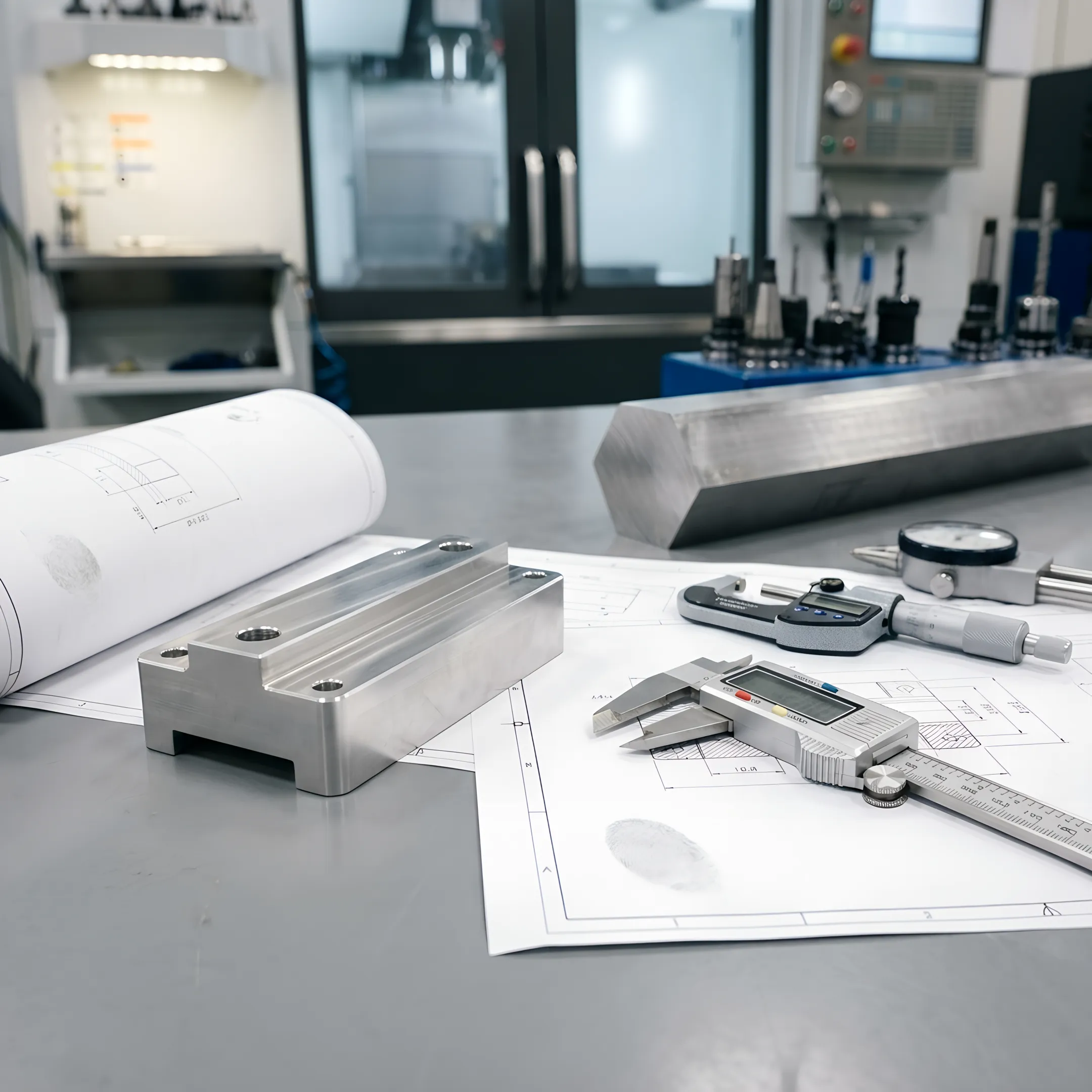 Machined metal prototype component beside engineering drawings