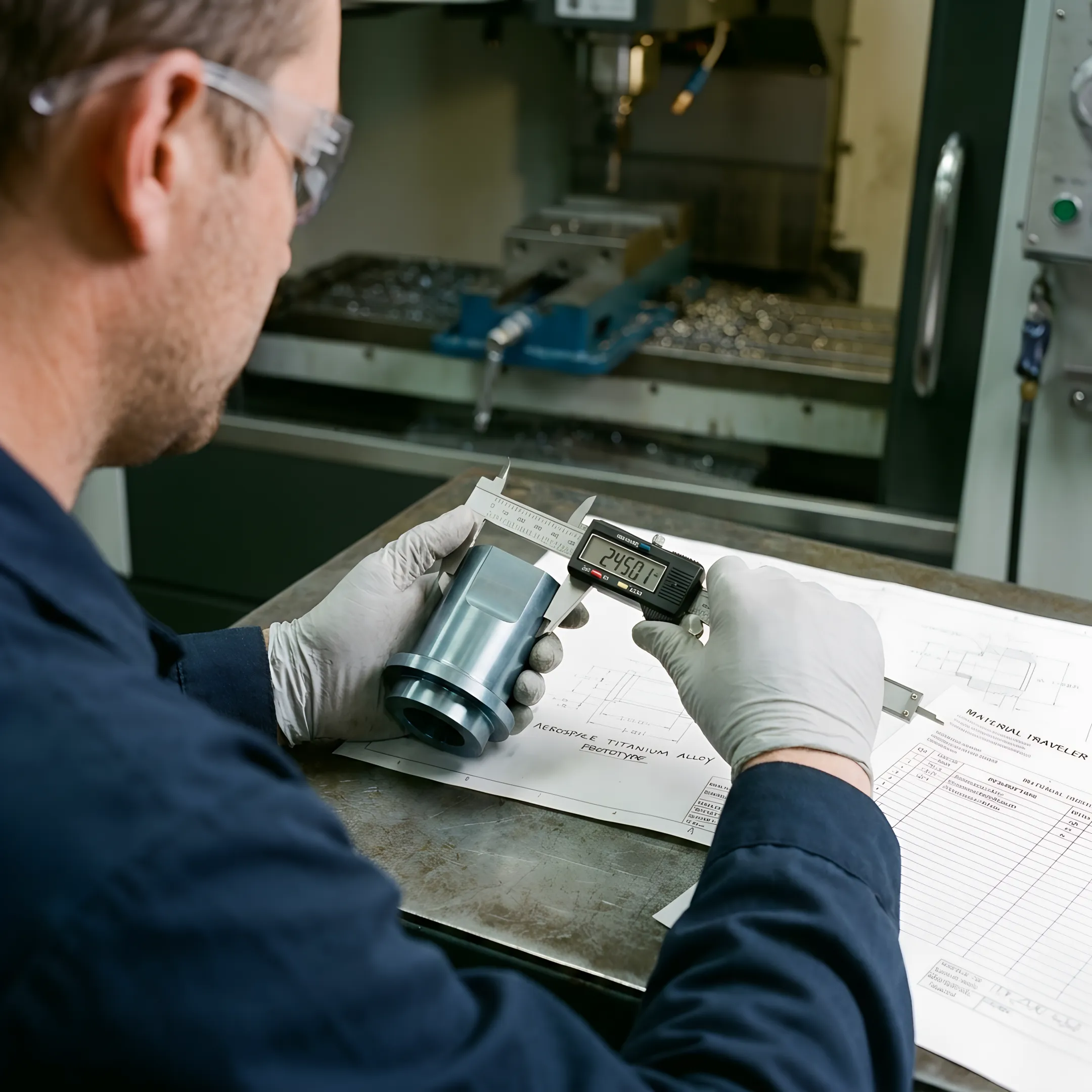 Technician inspecting a CNC-machined metal prototype
