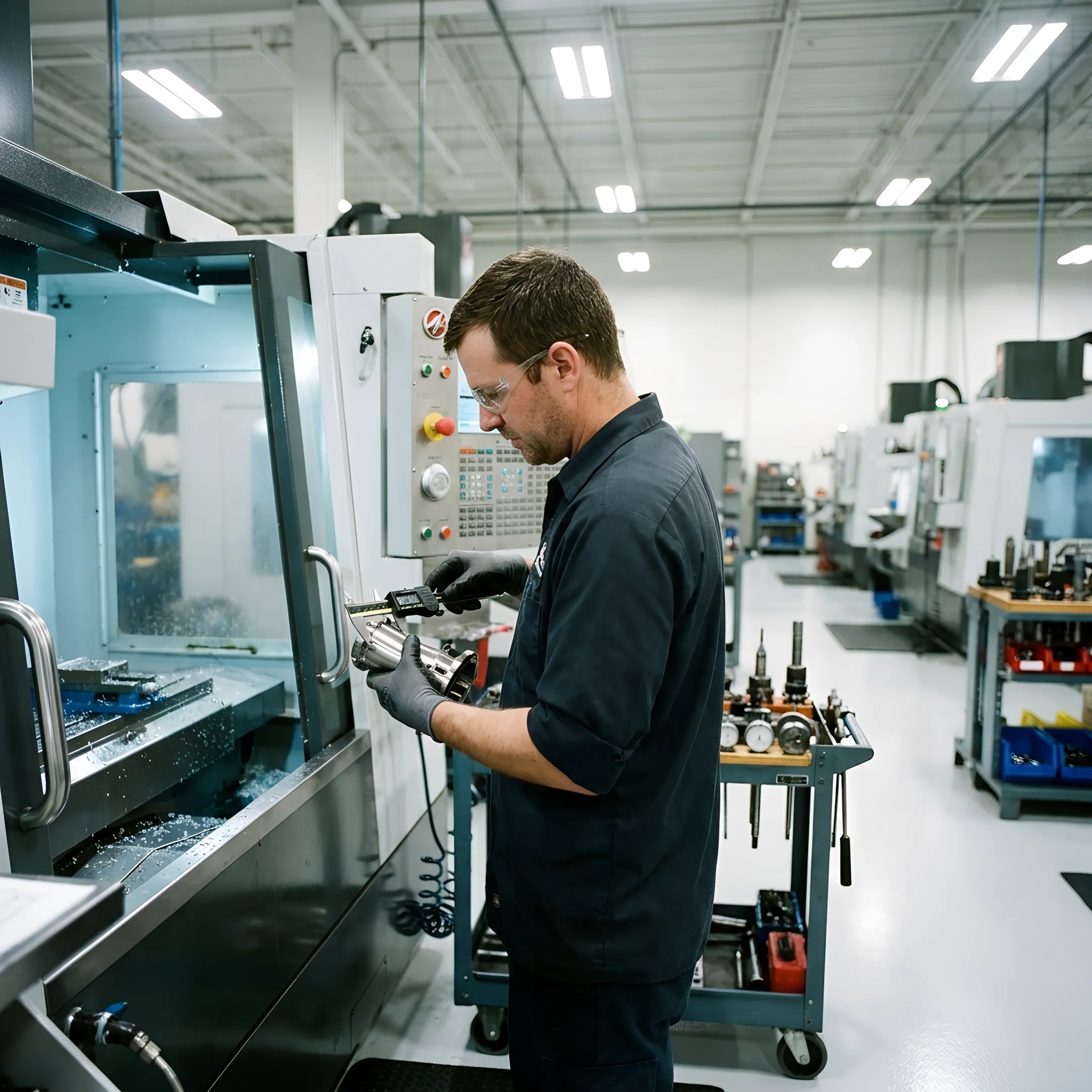 Machinist inspecting a precision metal component