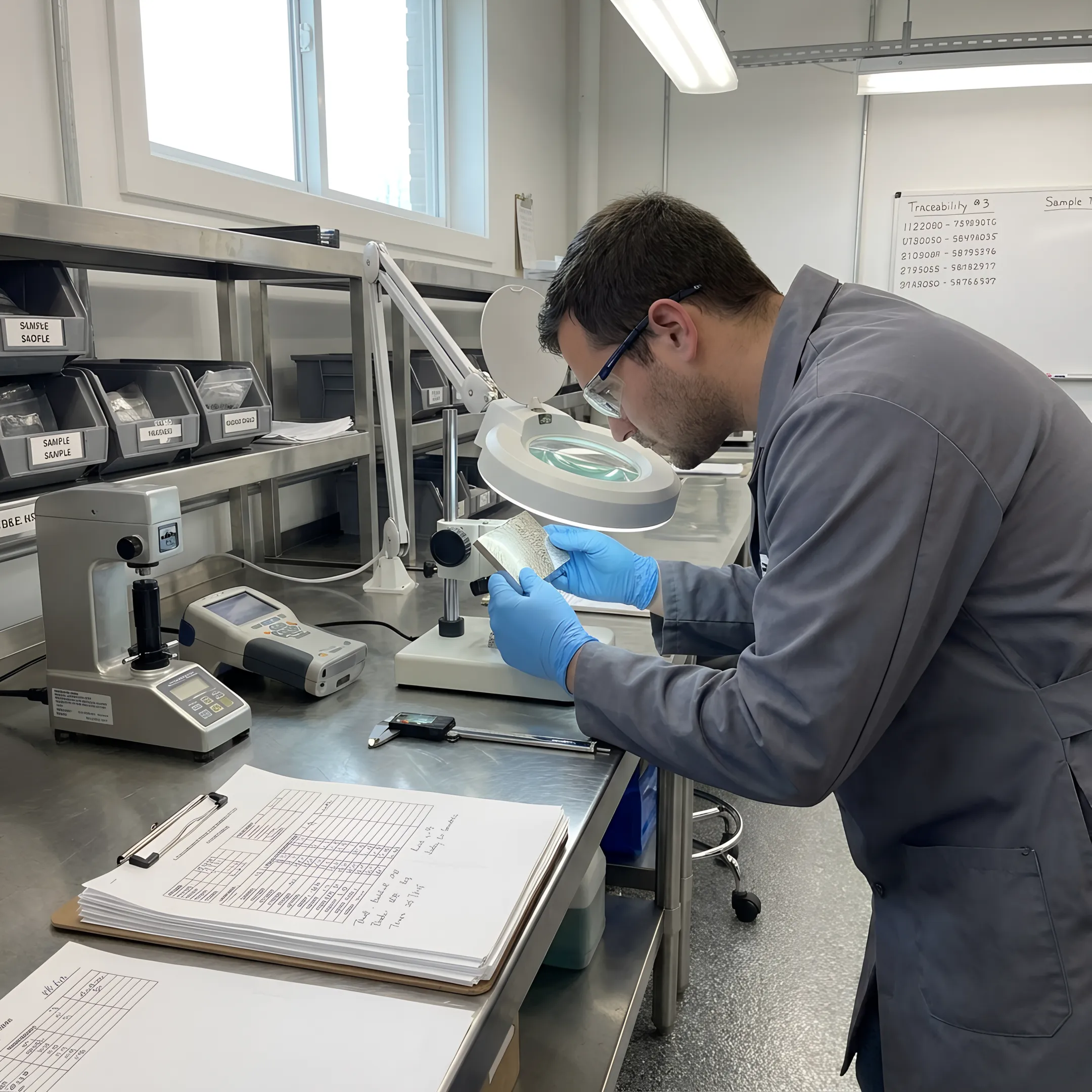 Technician examining a metal test specimen in a laboratory