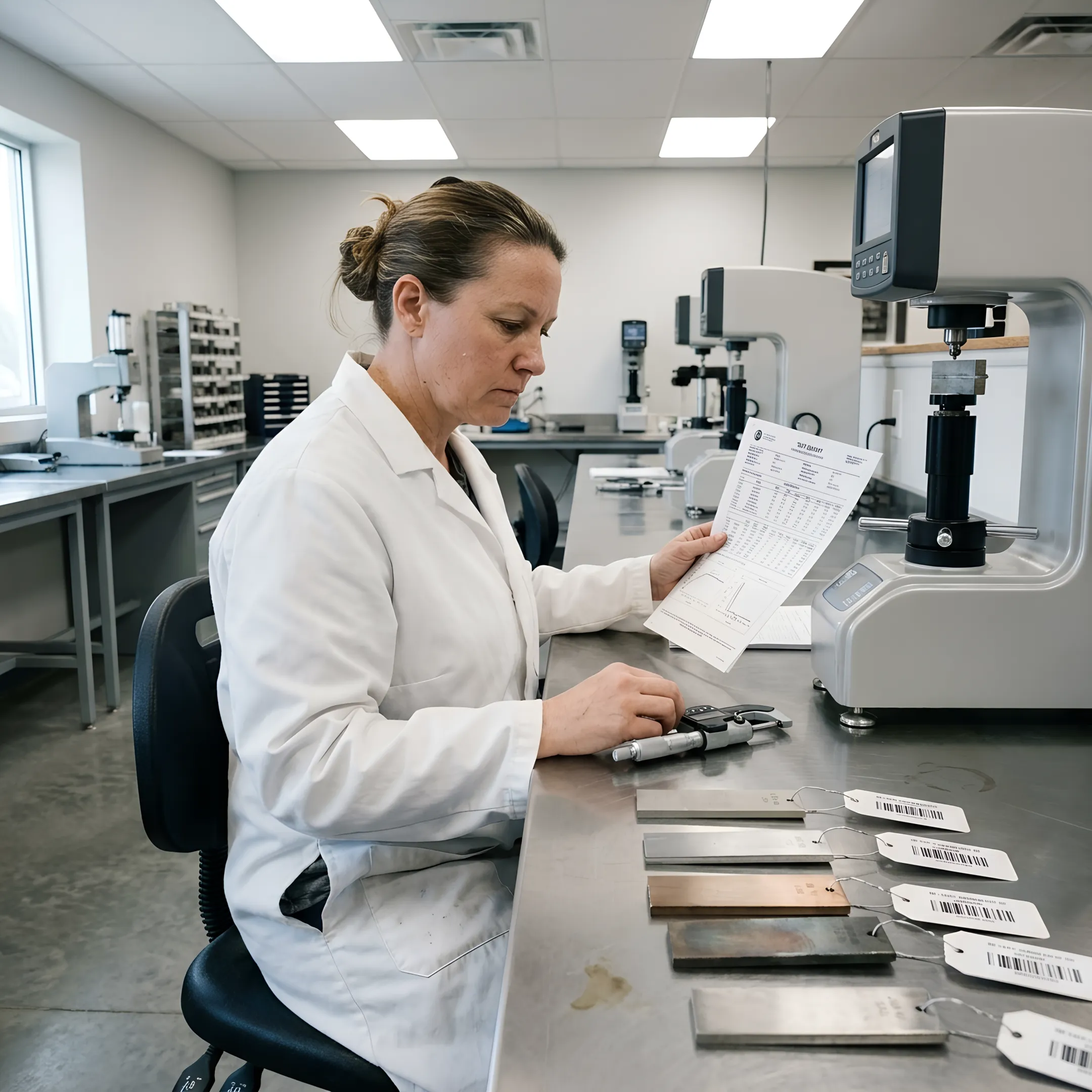 Laboratory professional reviewing alloy test documentation