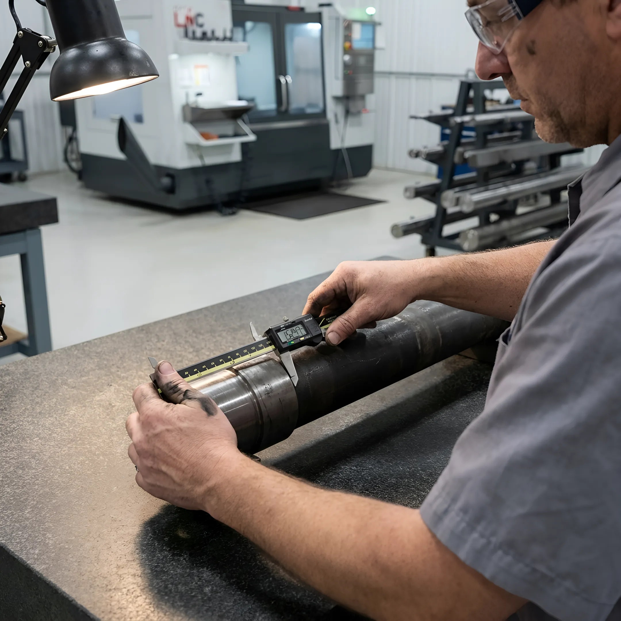 Technician measuring a forged shaft