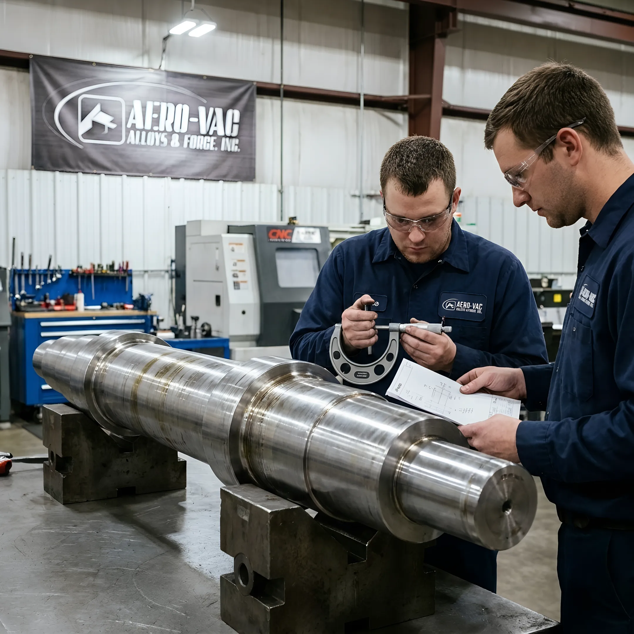 Machined forged metal shaft in industrial facility