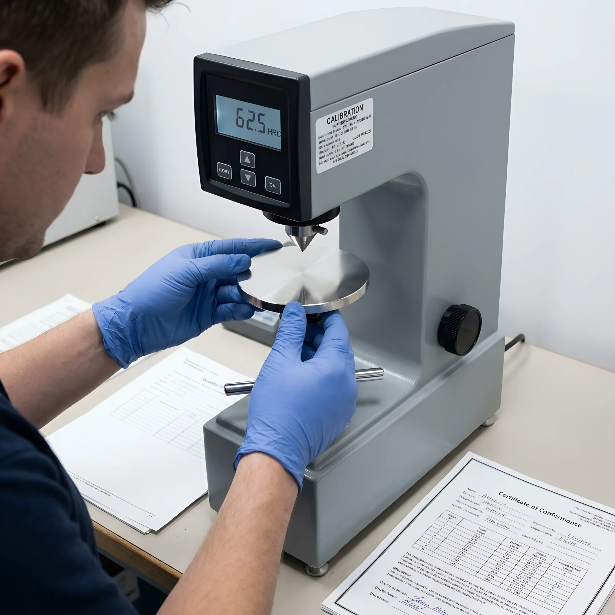 Technician performing hardness test on metal sample