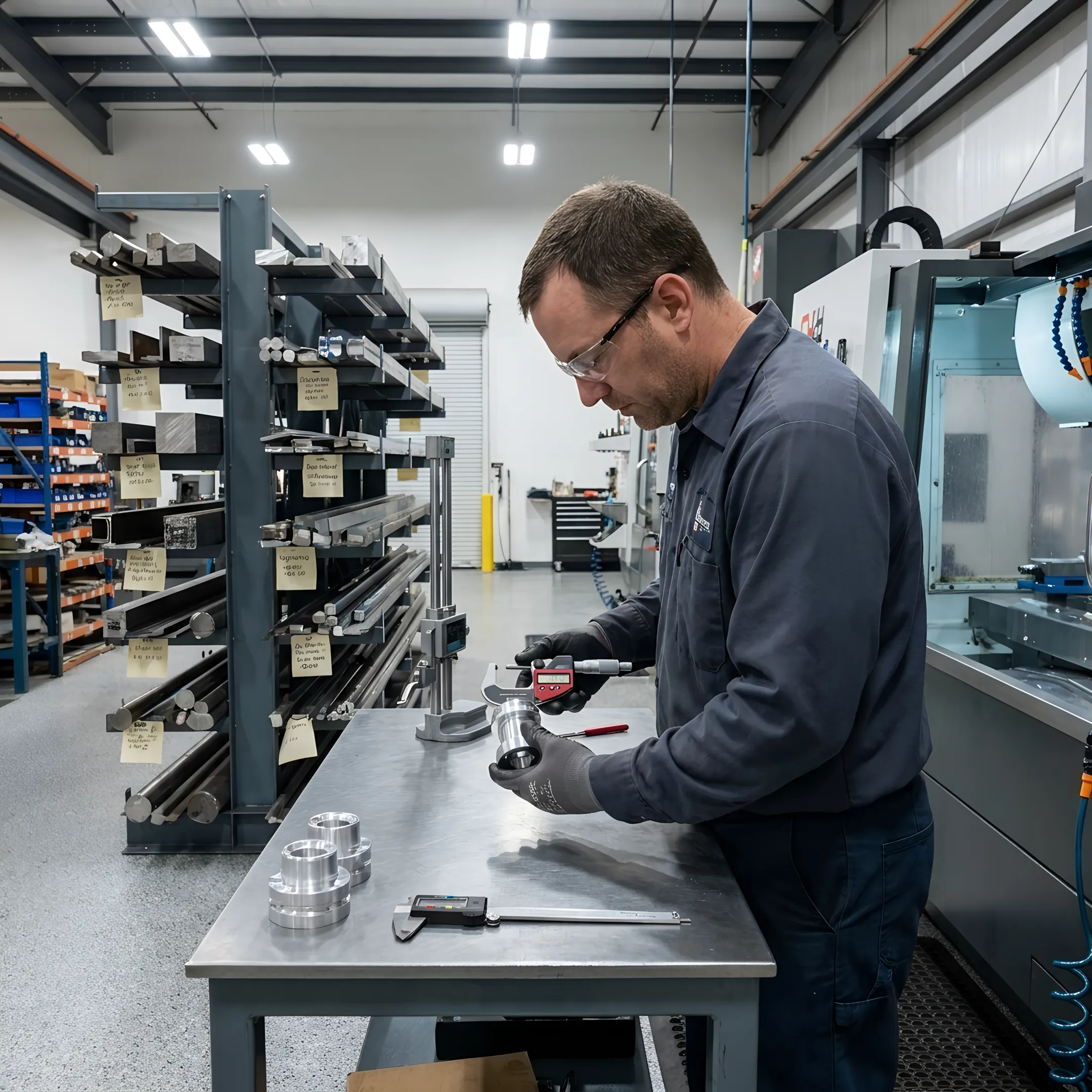 Technician measuring machined alloy part