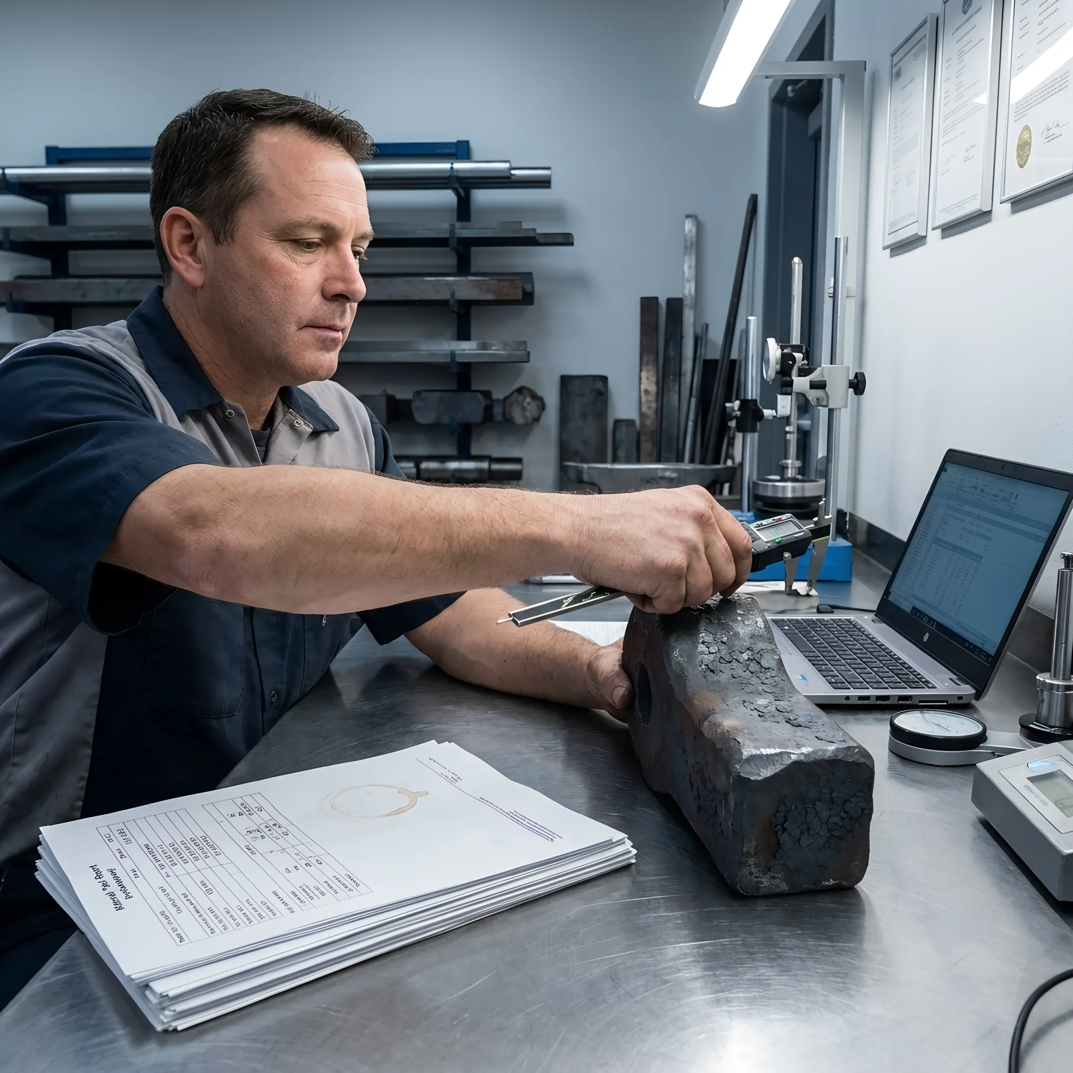 Technician inspecting a metal component