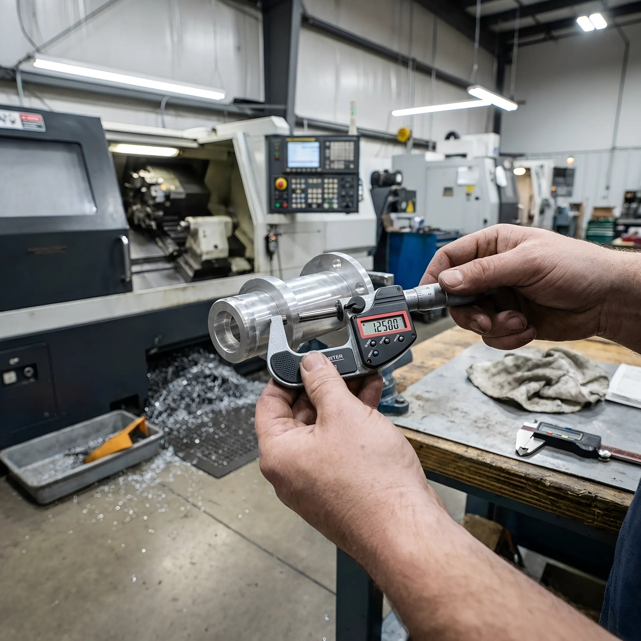 Technician measuring a precision-machined metal part
