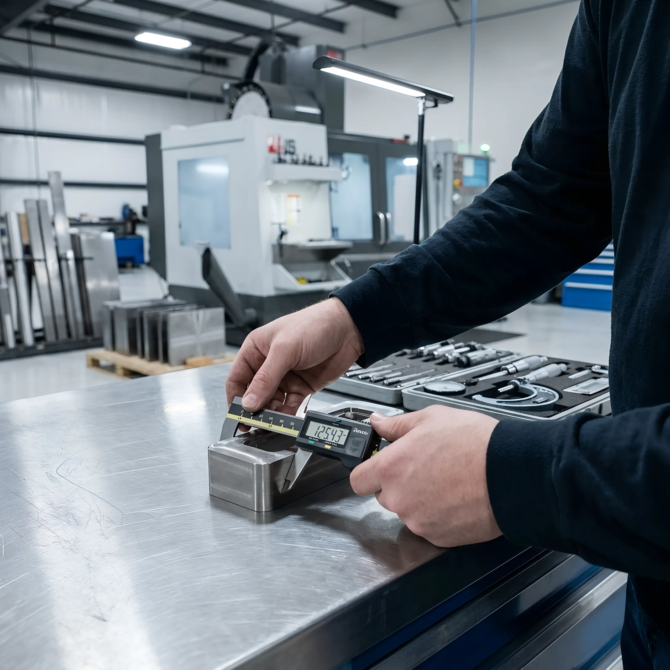 Technician inspecting a machined alloy defense component