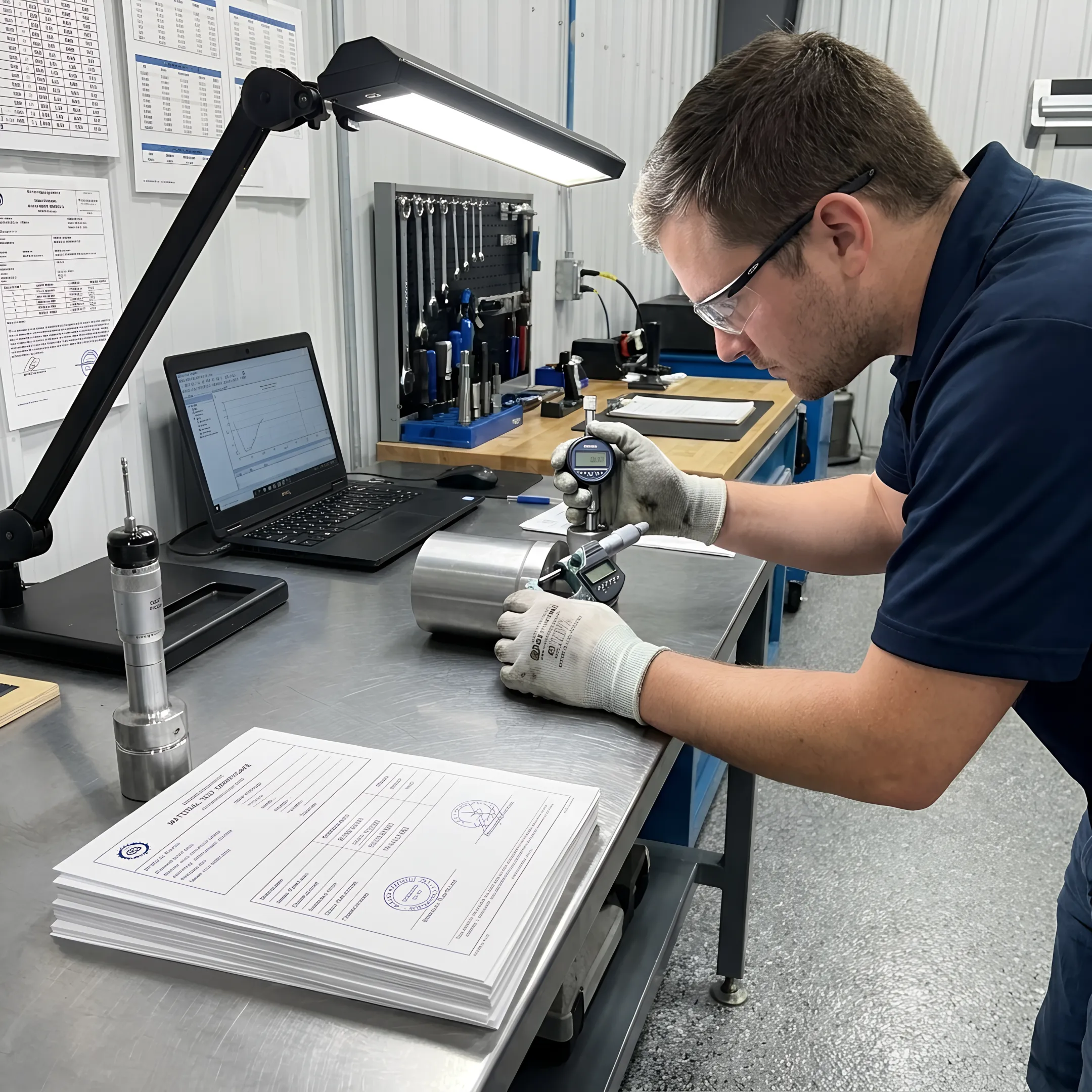 Technician inspecting a metal component