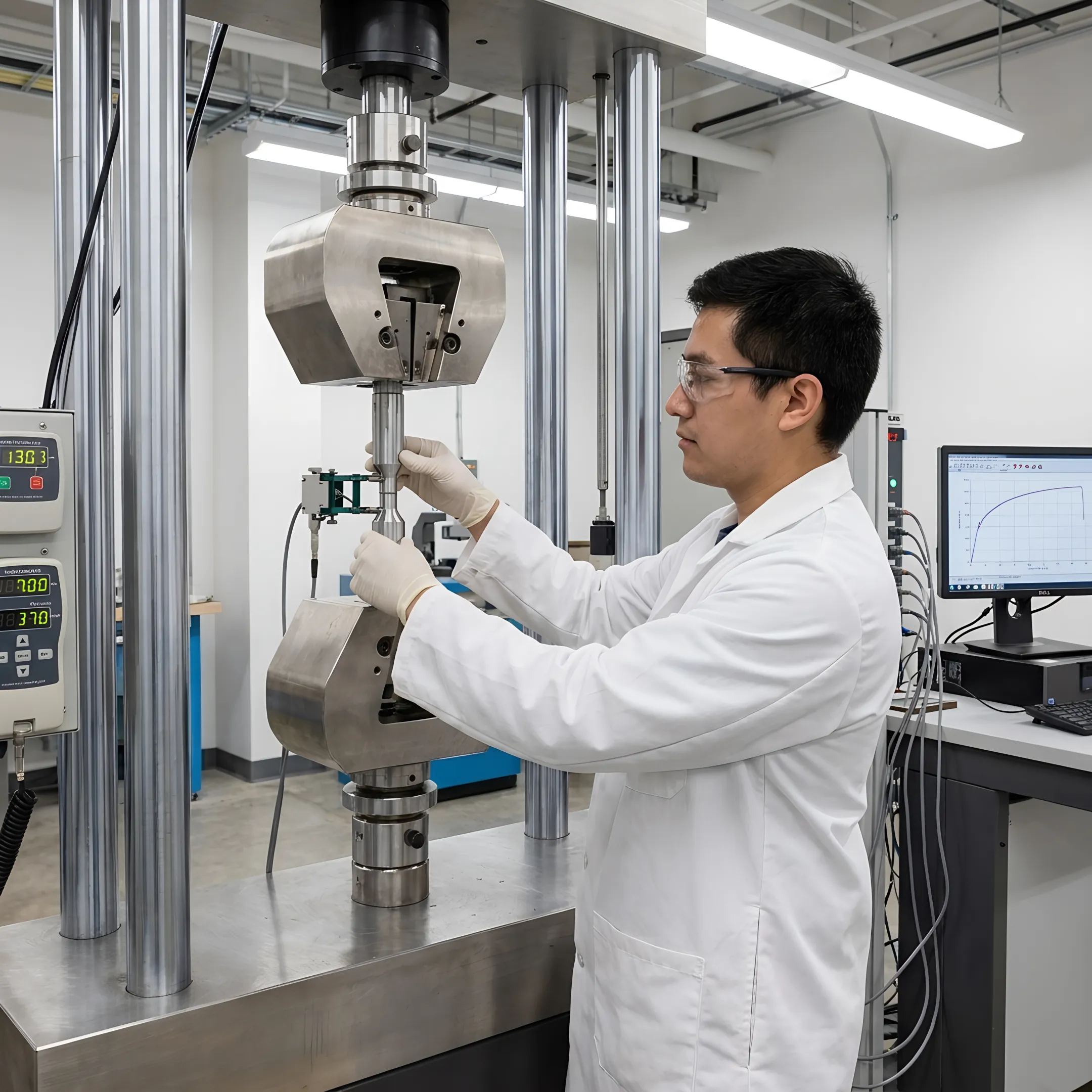 Technician preparing a metal specimen for fatigue testing