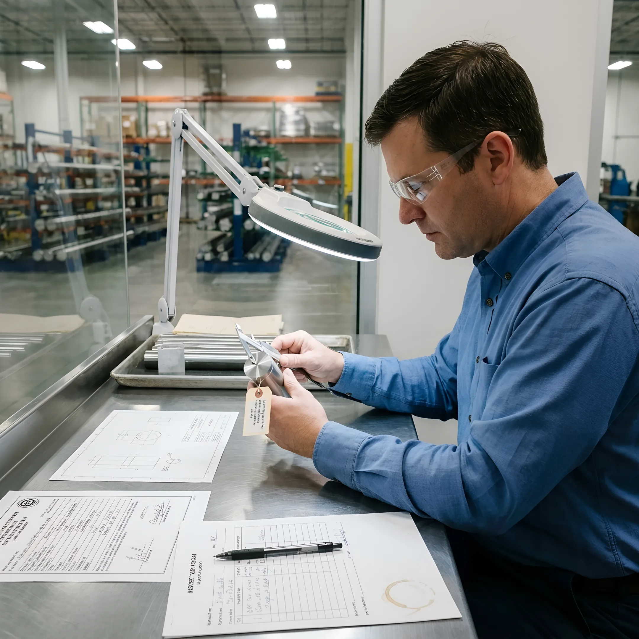 Engineer reviewing a metal testing specimen and documentation