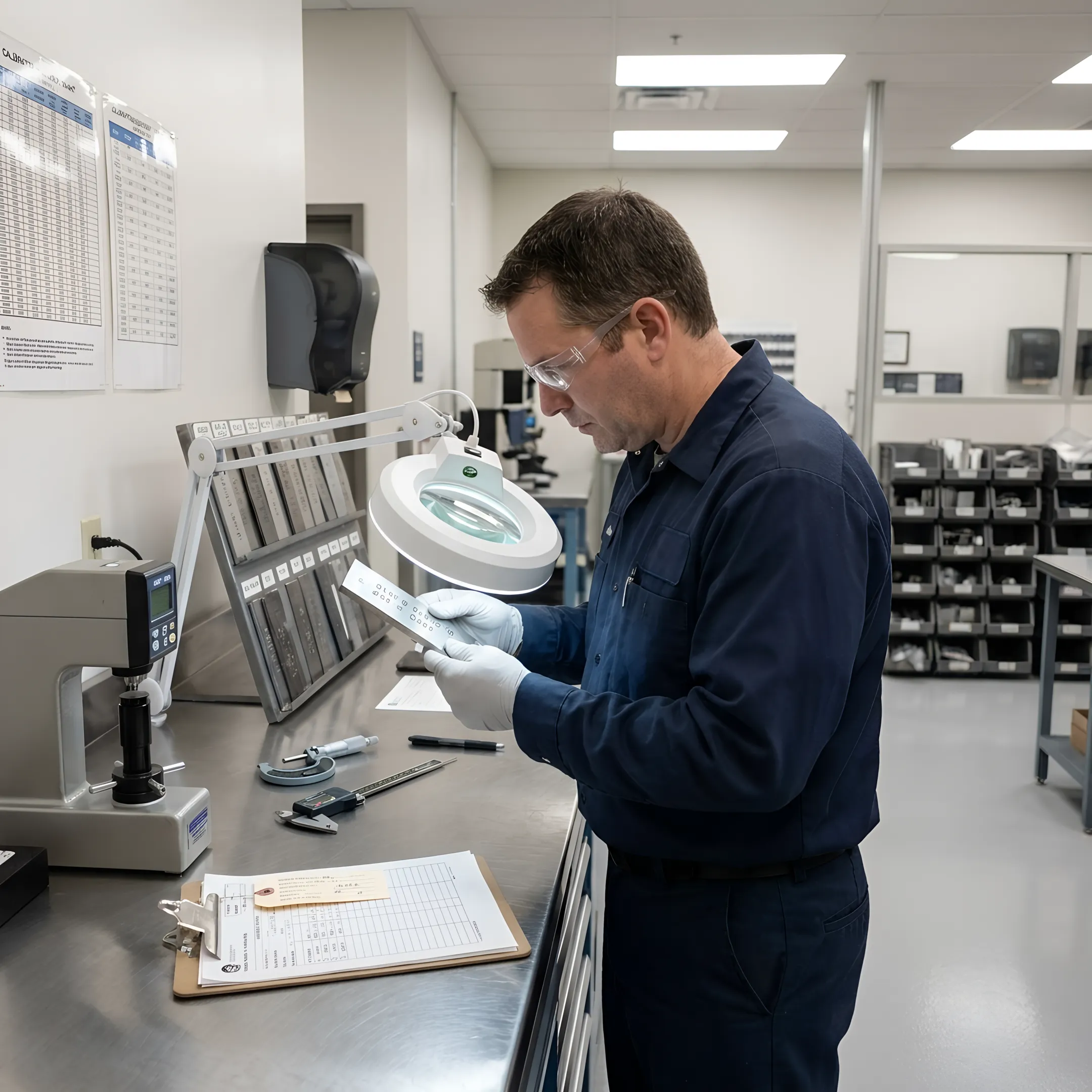 Technician examining a metal test sample in a laboratory