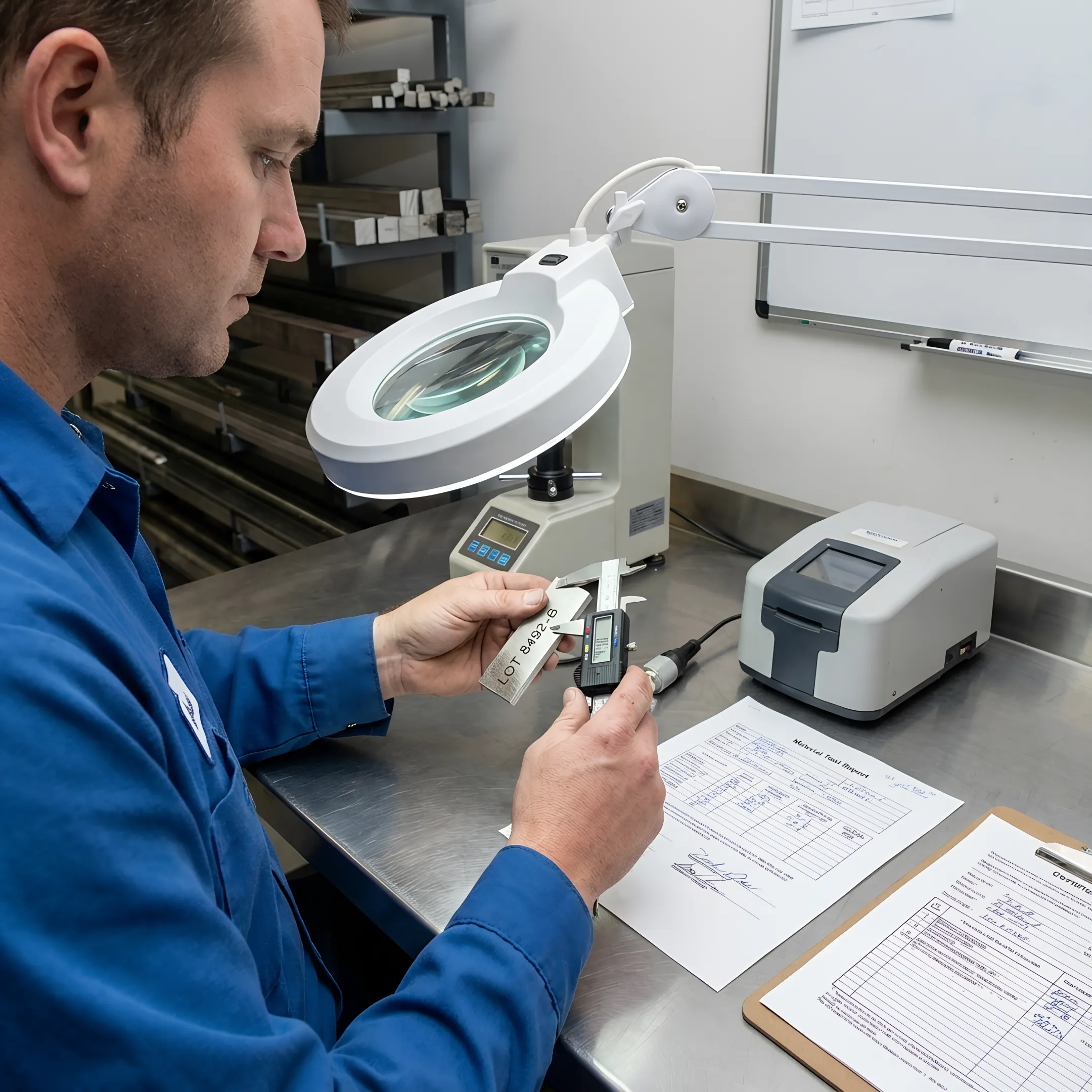 Laboratory specialist reviewing metal material test documentation