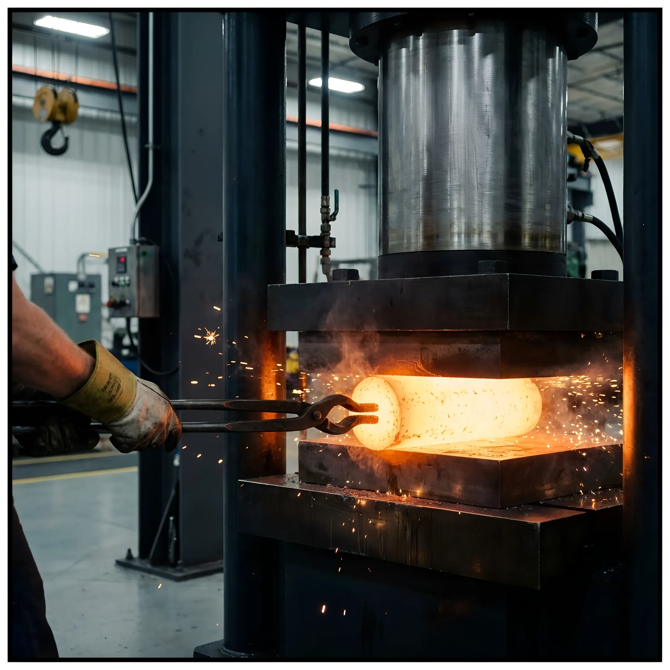 Open-die forged metal component in a manufacturing facility