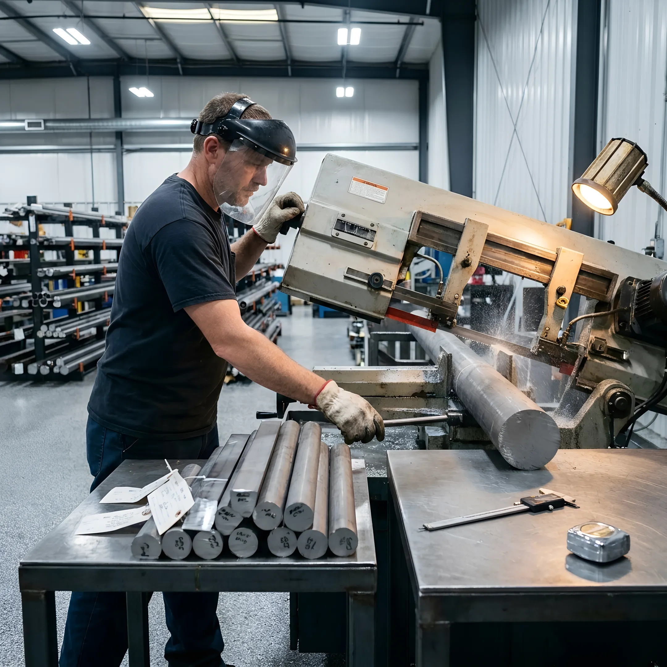 Technician precision-cutting a metal bar