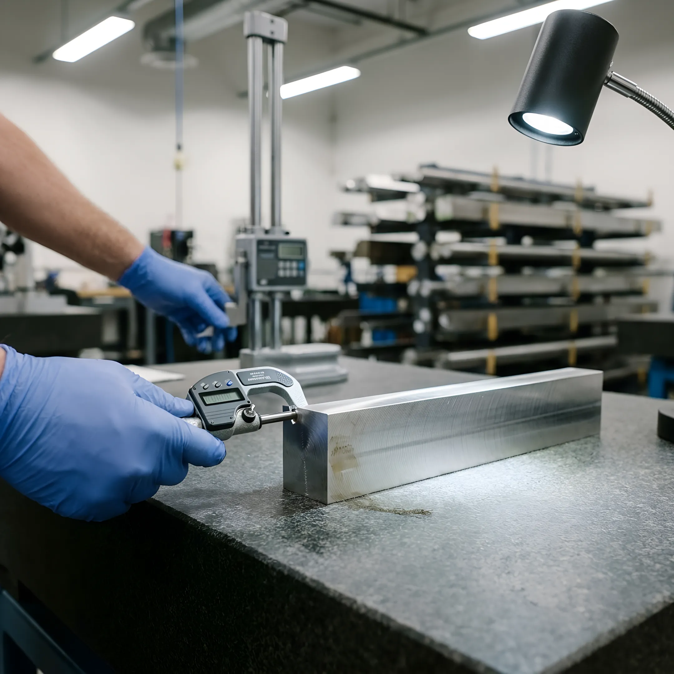 Precision-machined metal component being inspected