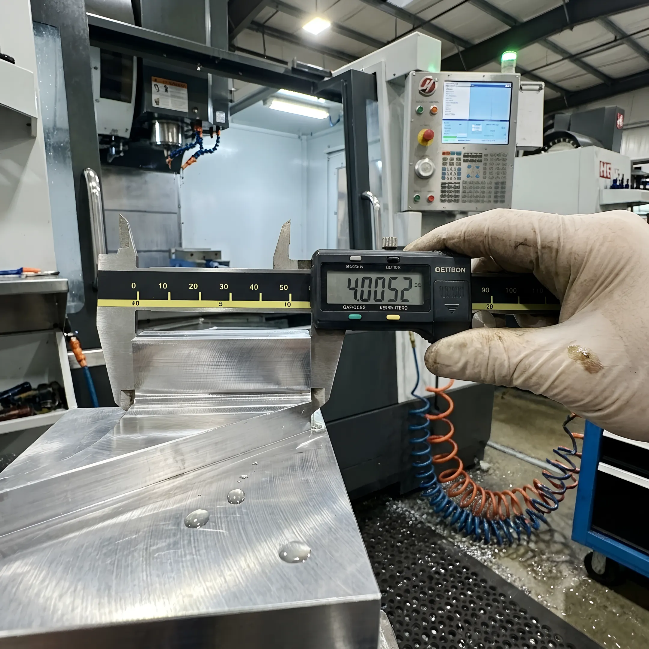 Technician inspecting a precision CNC-machined metal part