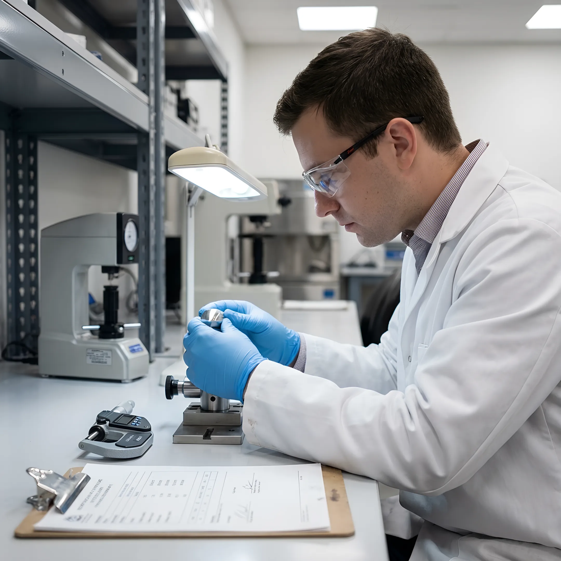 Technician inspecting an aerospace alloy sample