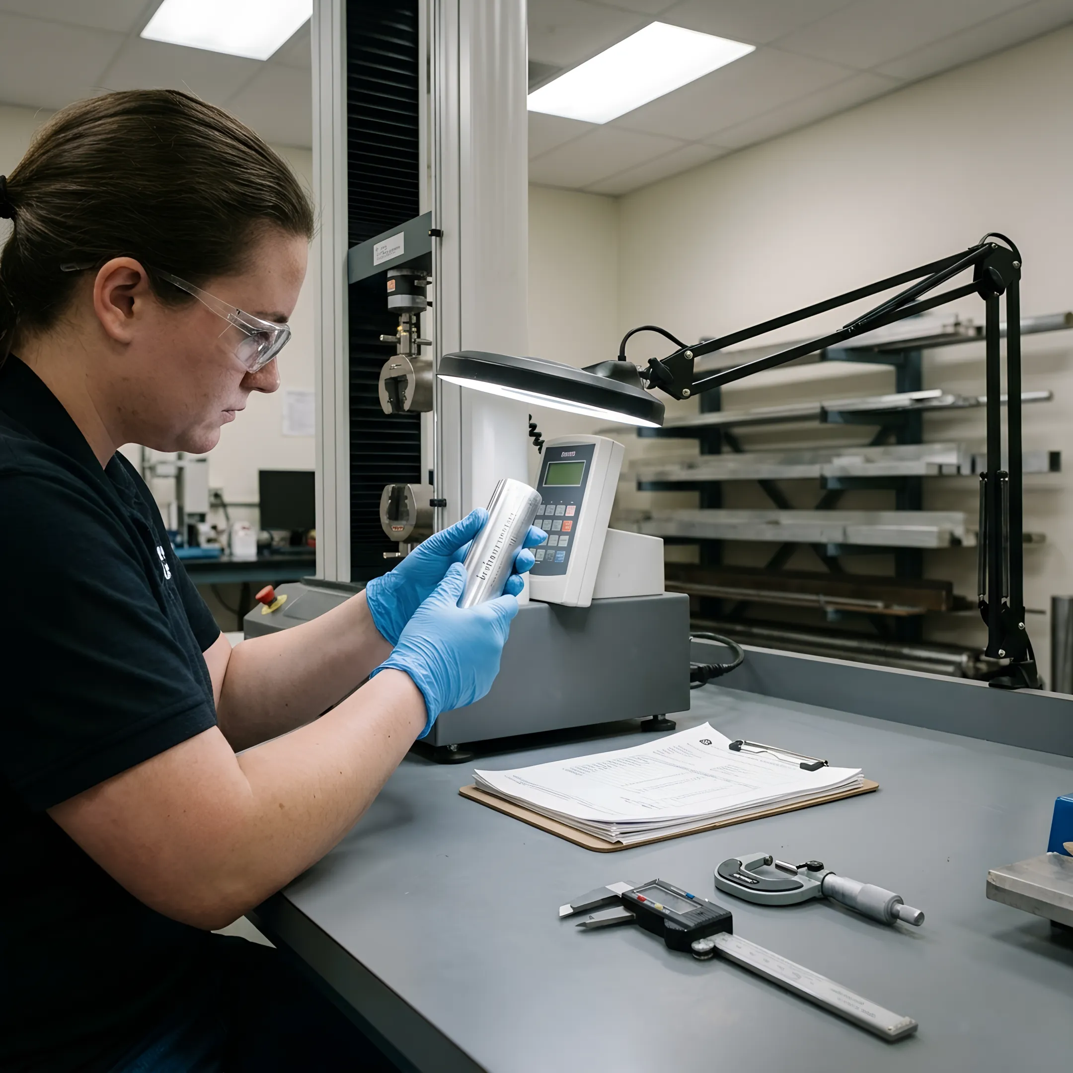 Technician inspecting a metal test specimen