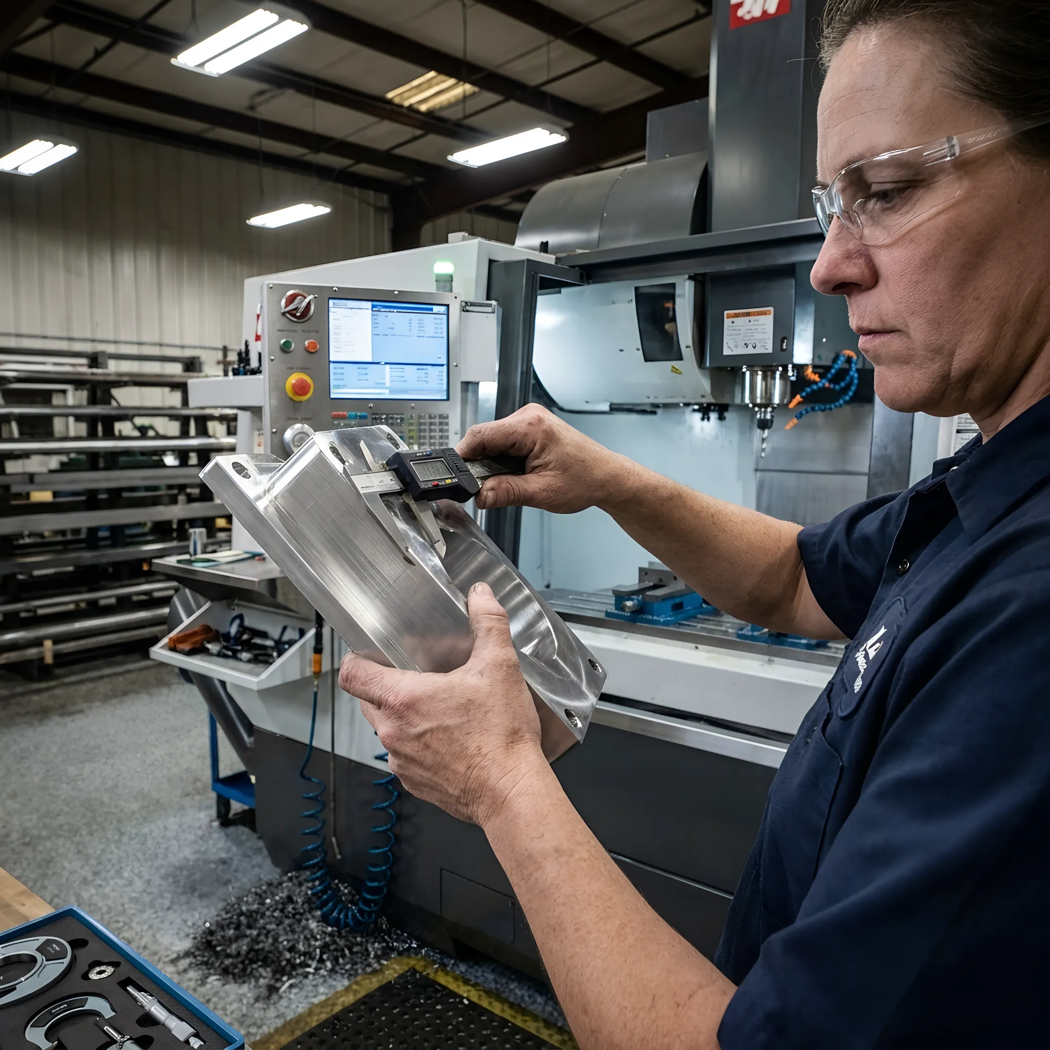 Machinist inspecting a precision alloy component
