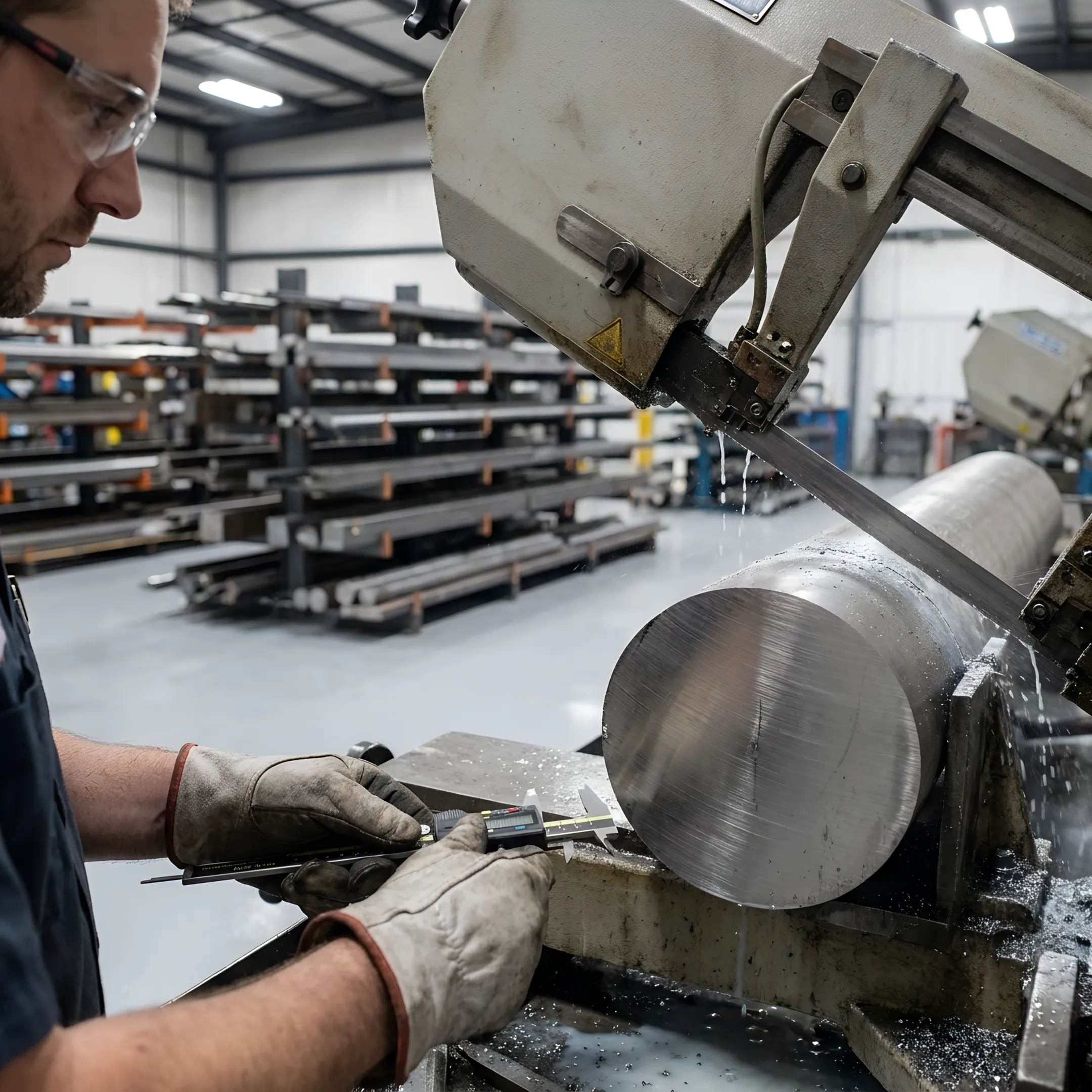 Metal bar being precision cut in a fabrication facility