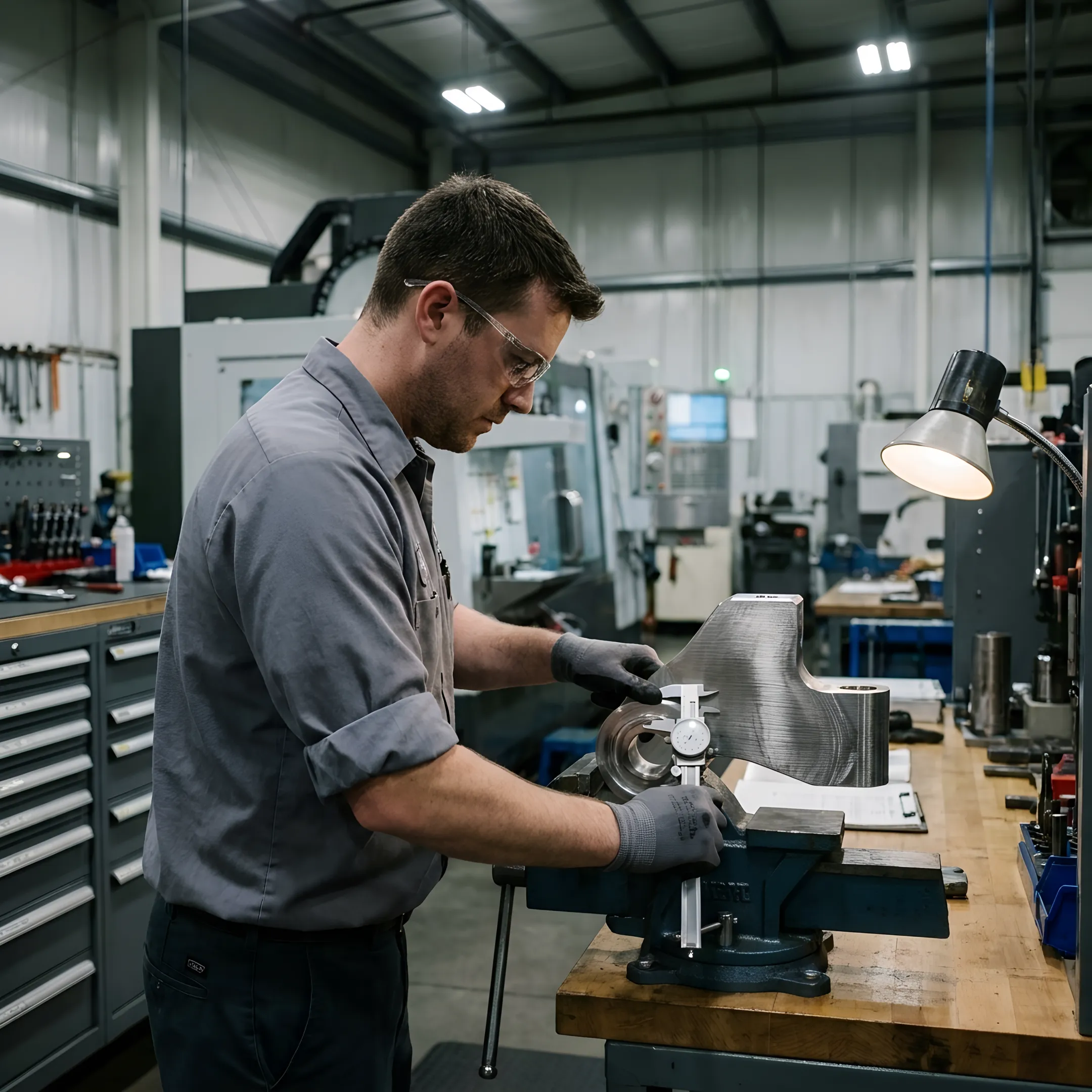 Forged alloy component being measured in a machine shop