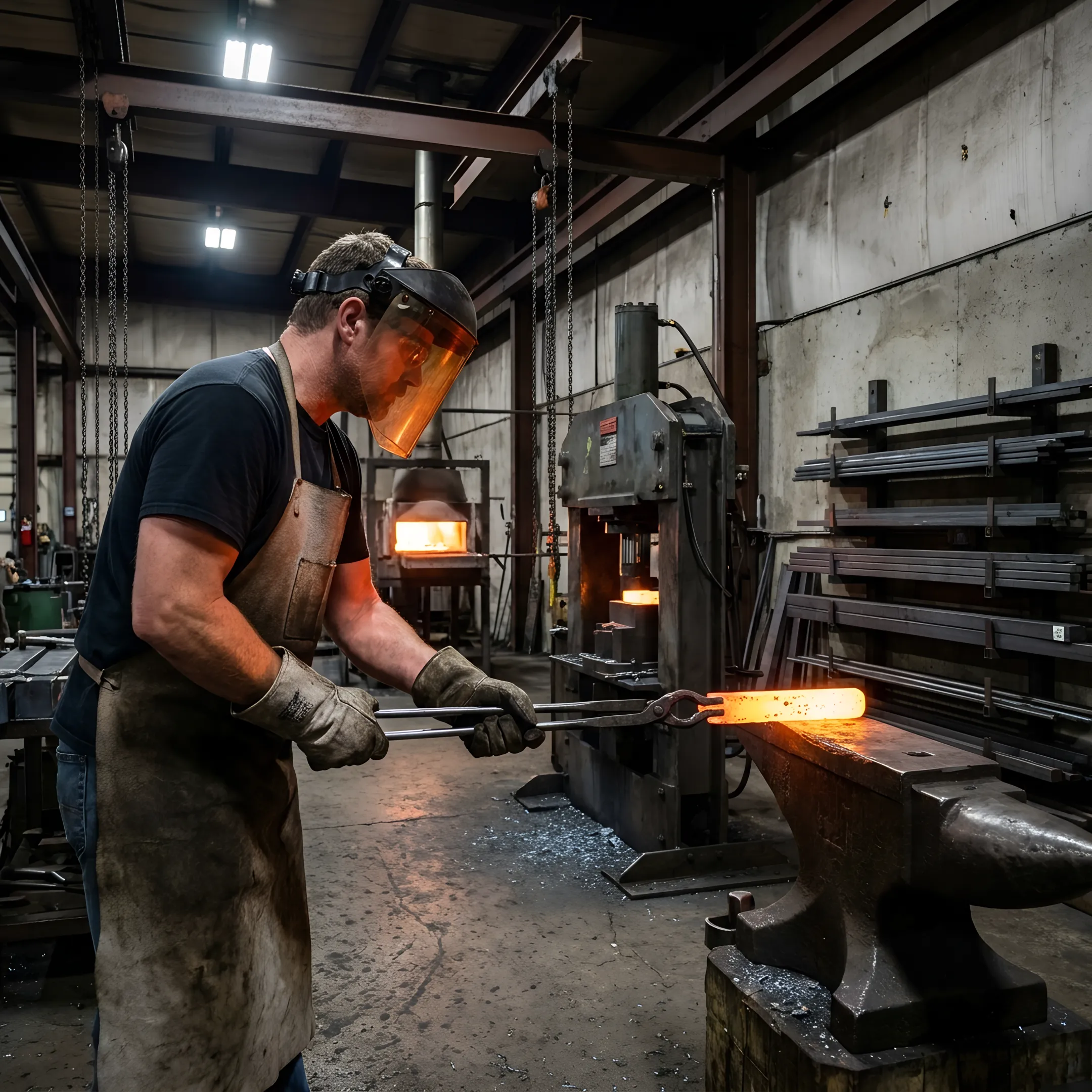 Technician handling a glowing forged metal component
