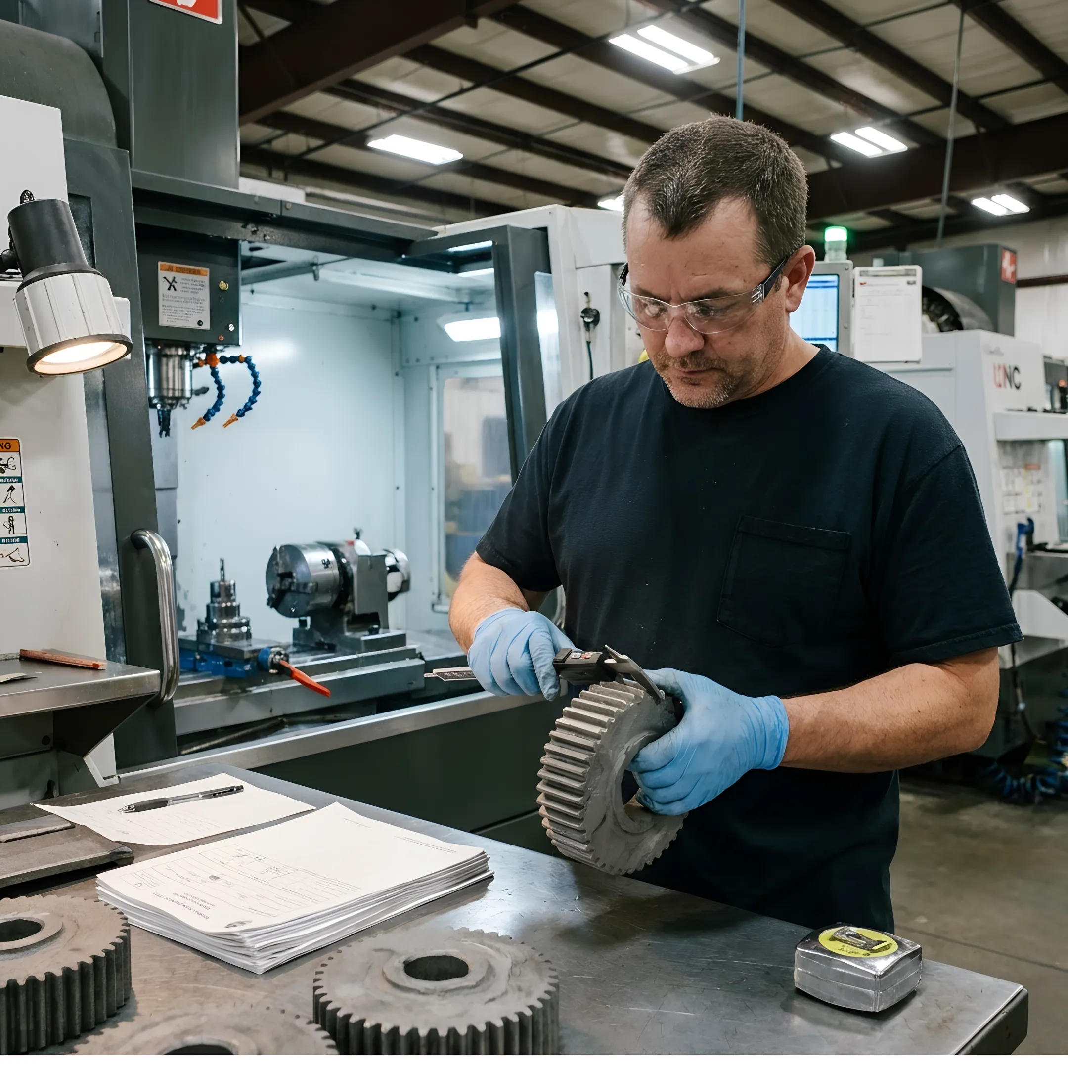 Technician inspecting a machined forged gear blank