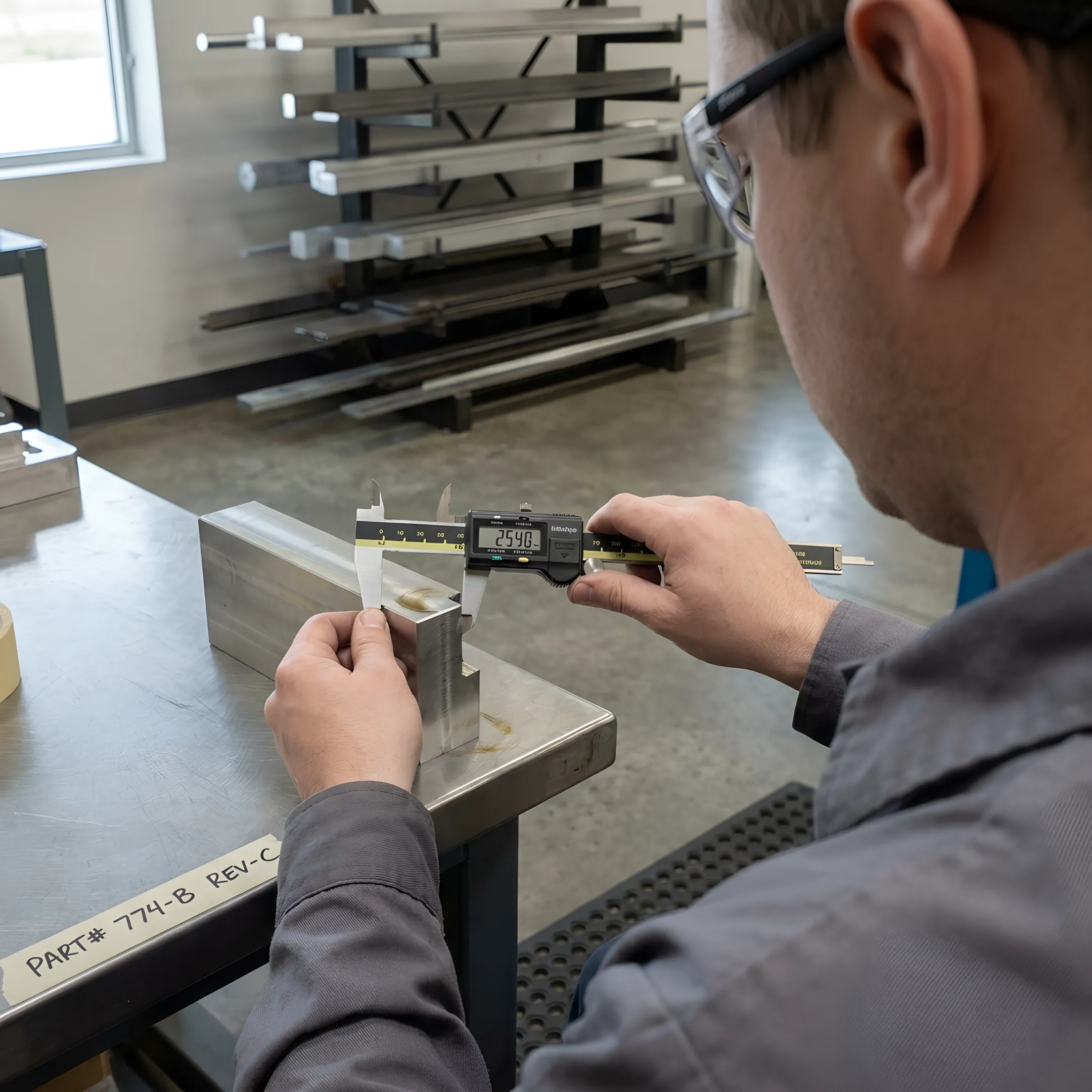 Precision-machined metal component being inspected