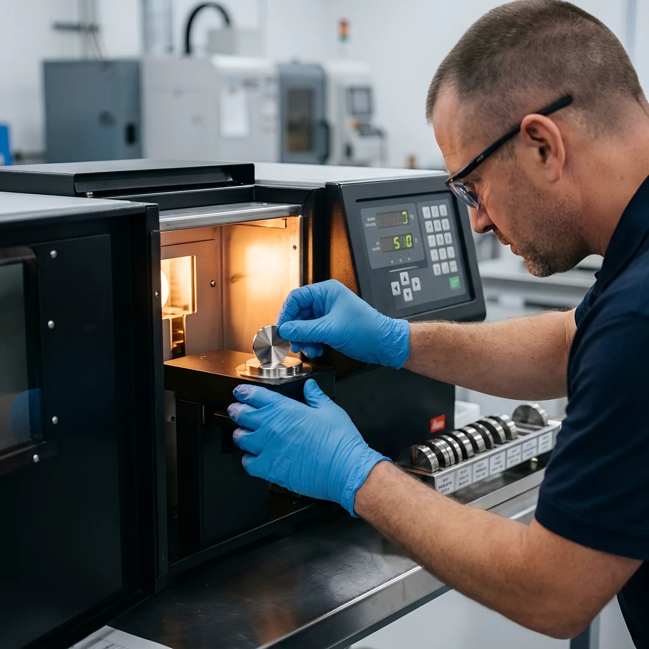 Technician performing optical emission spectroscopy on an alloy sample