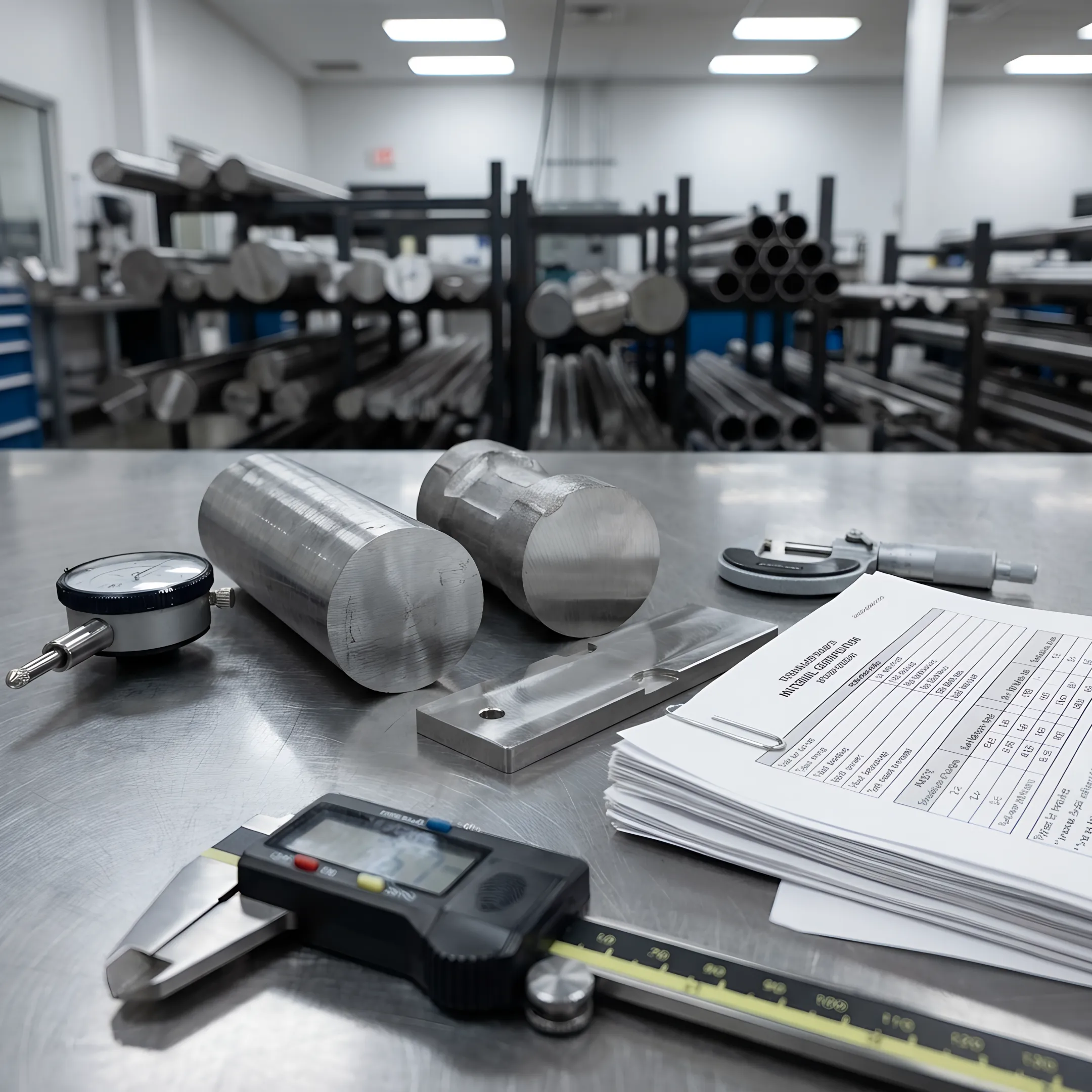 Precision-machined metal parts on an inspection table