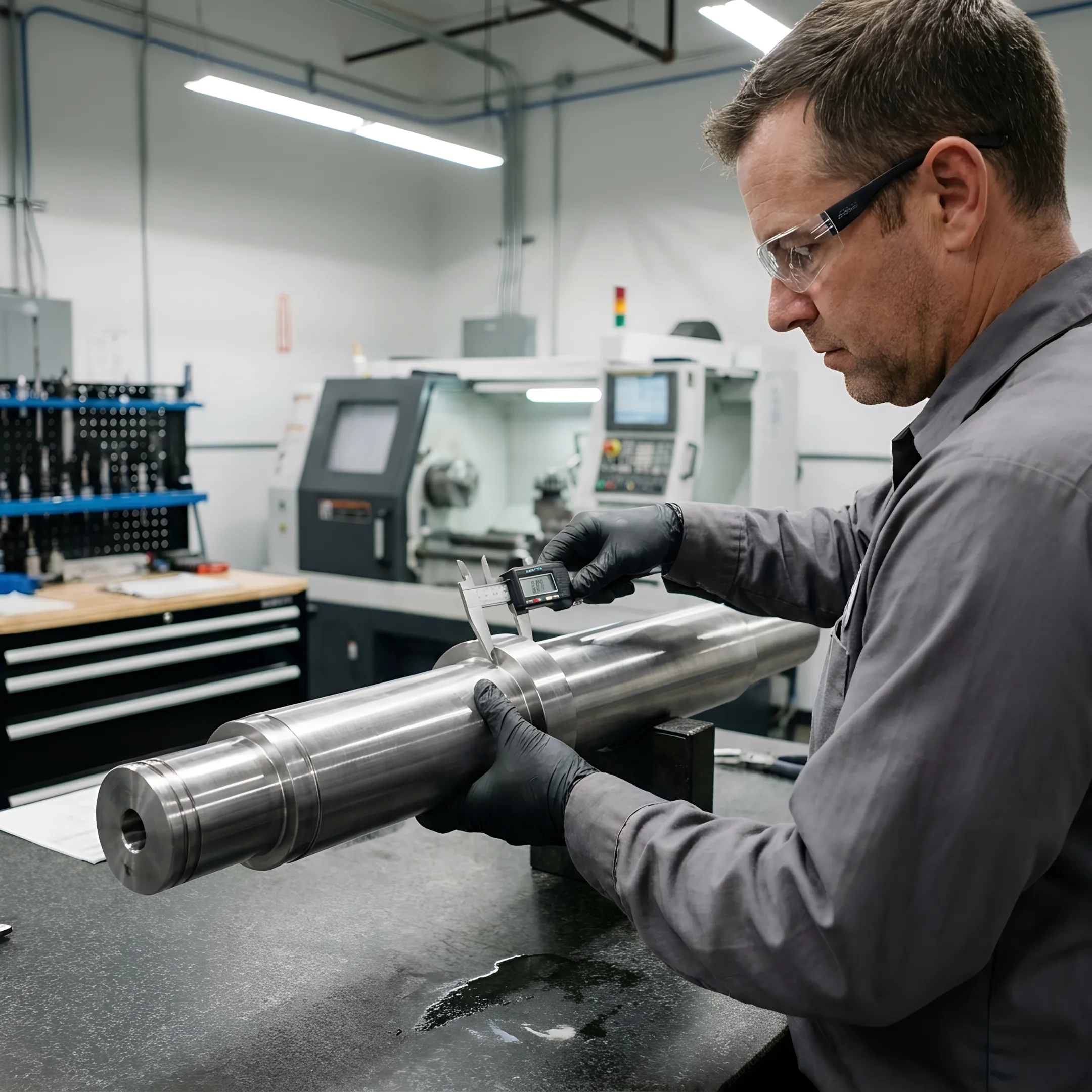 Technician inspecting a precision-machined metal component
