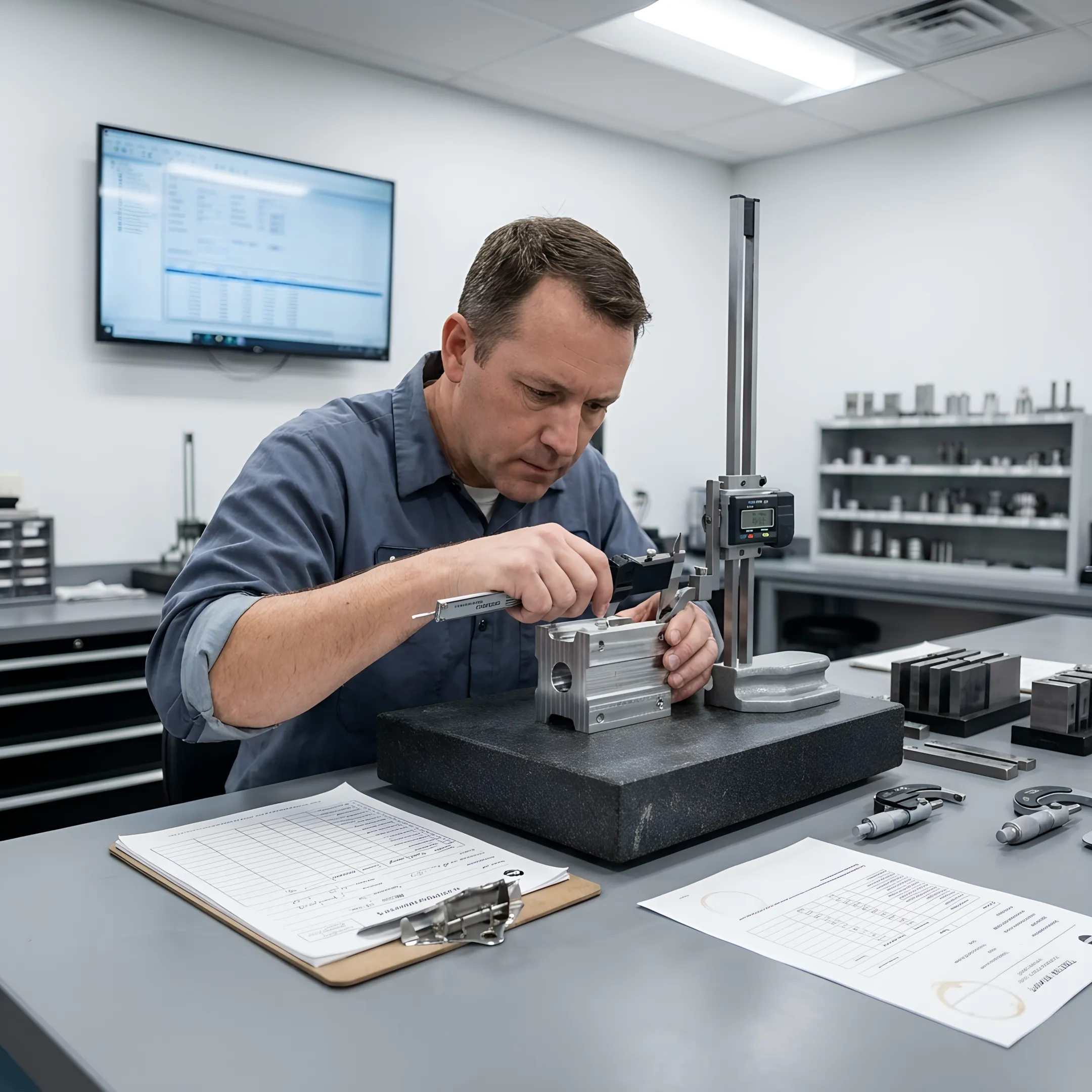 Technician inspecting an aerospace metal component