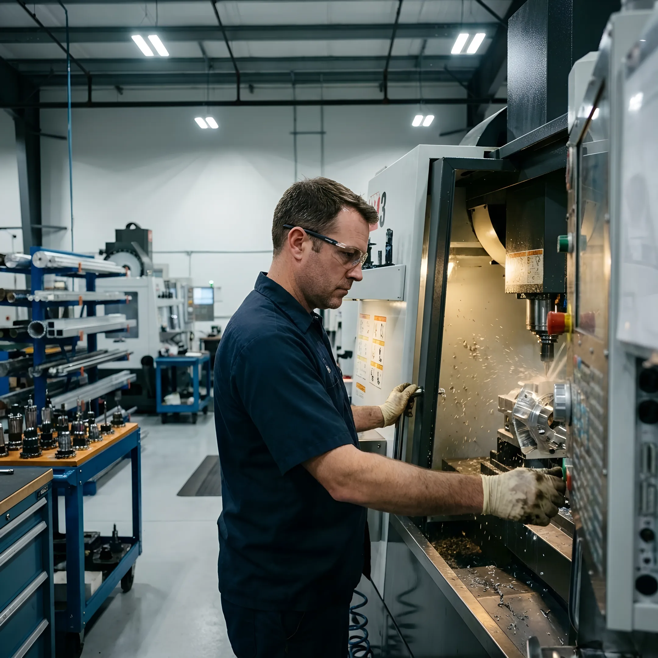 Machinist operating a vertical machining center