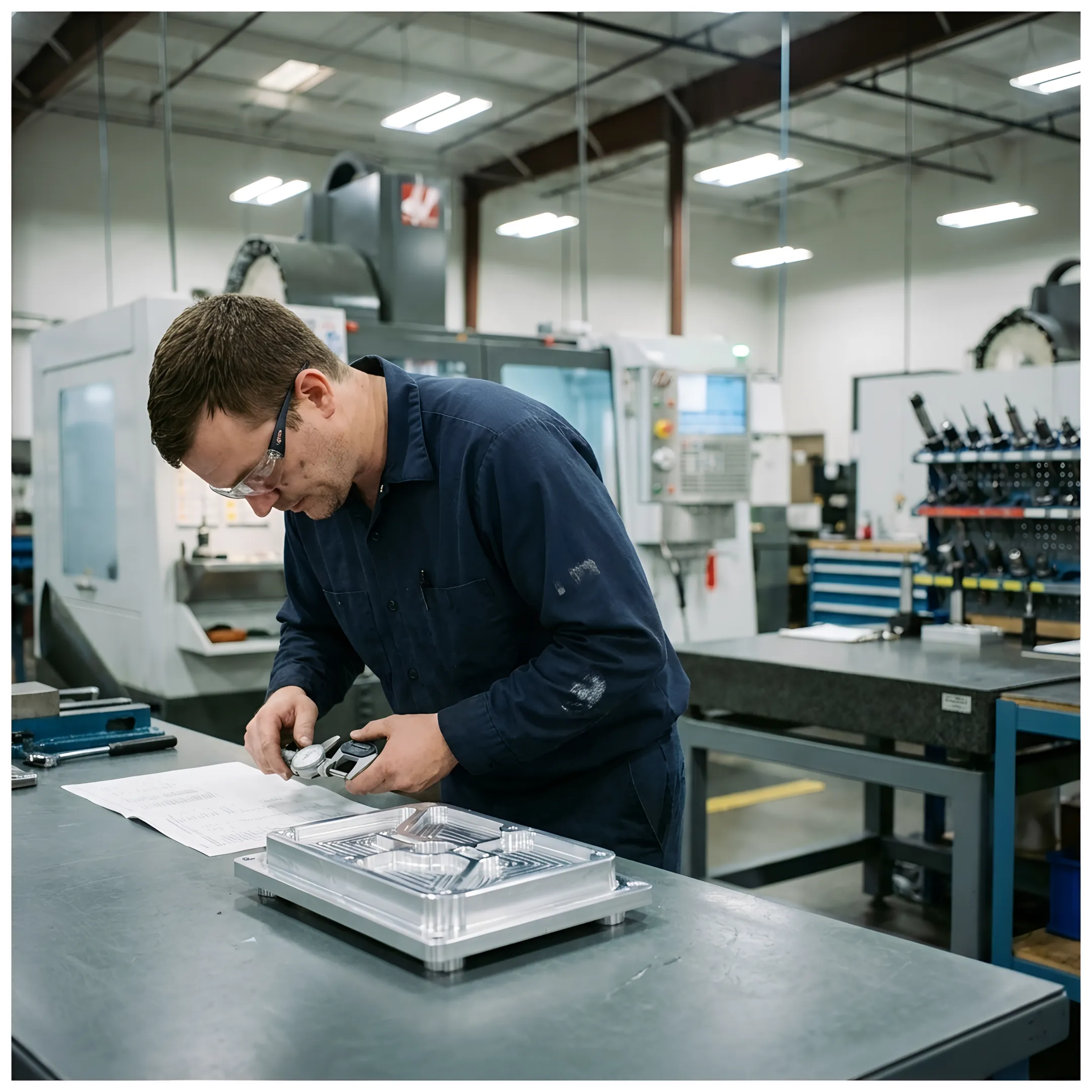 Precision-machined metal component being measured