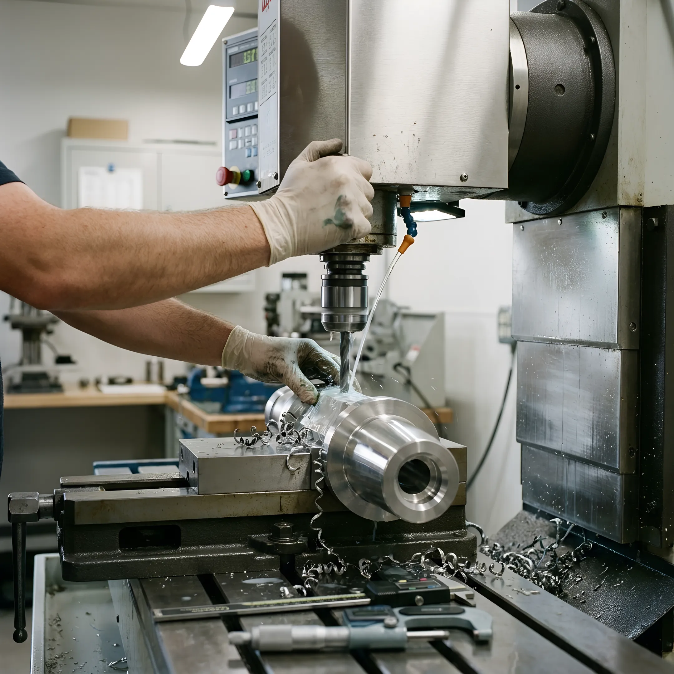 Technician drilling a precision hole in an alloy component