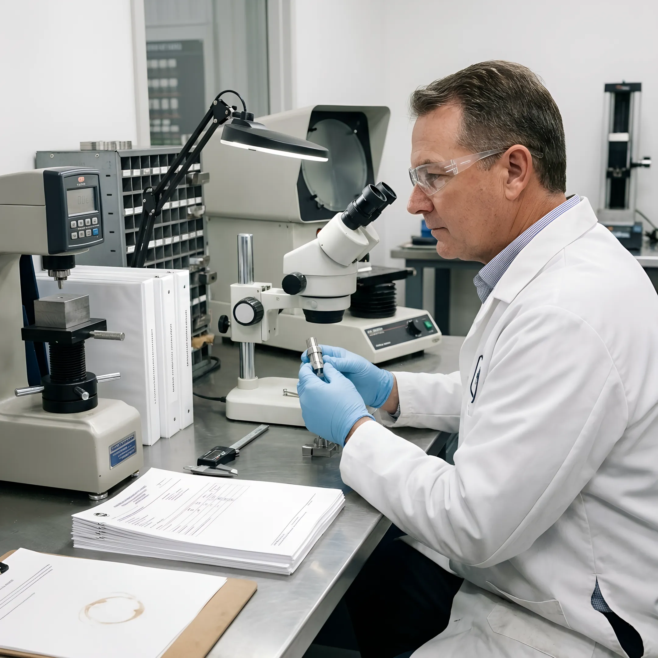 Technician reviewing a metal test specimen