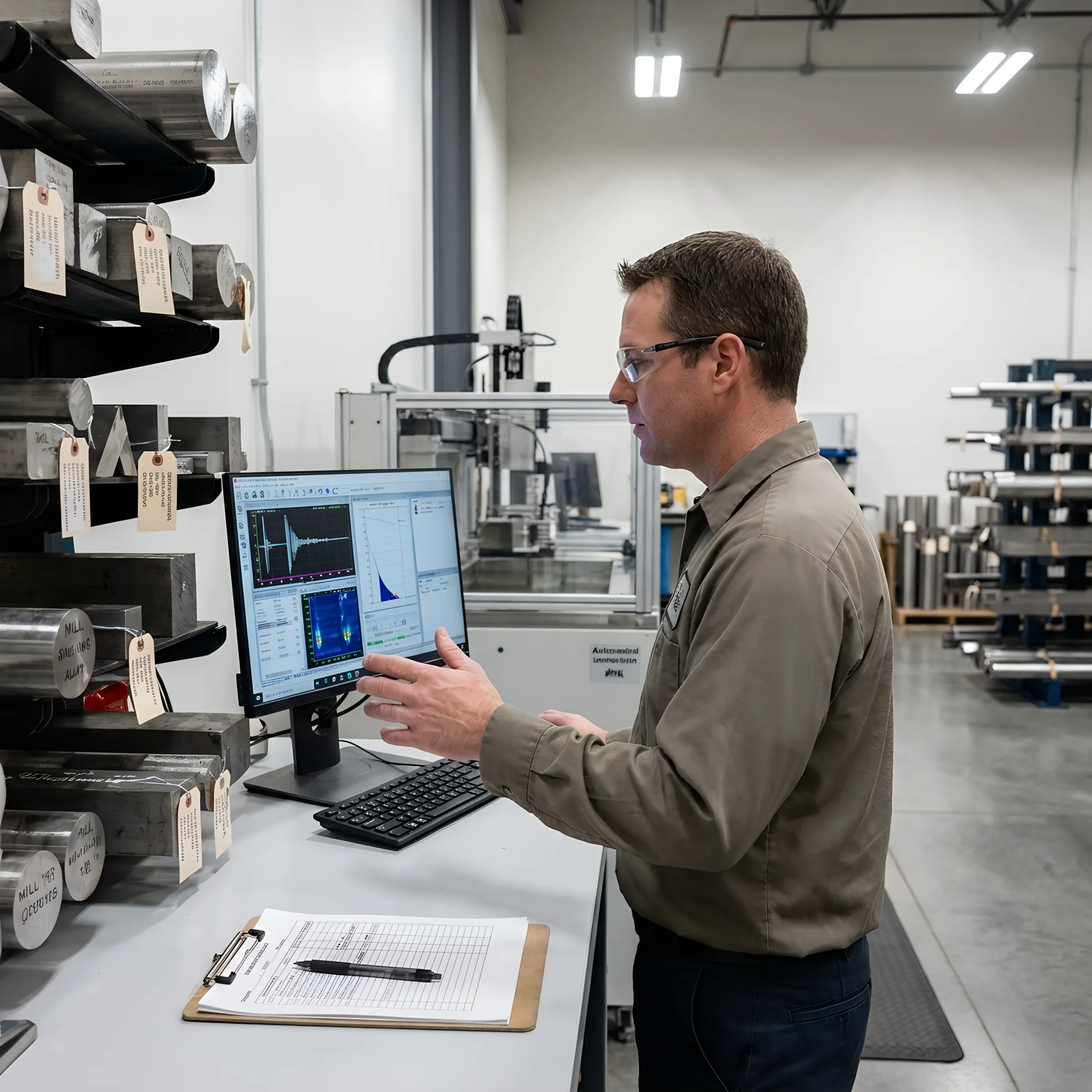 Technician reviewing ultrasonic inspection results