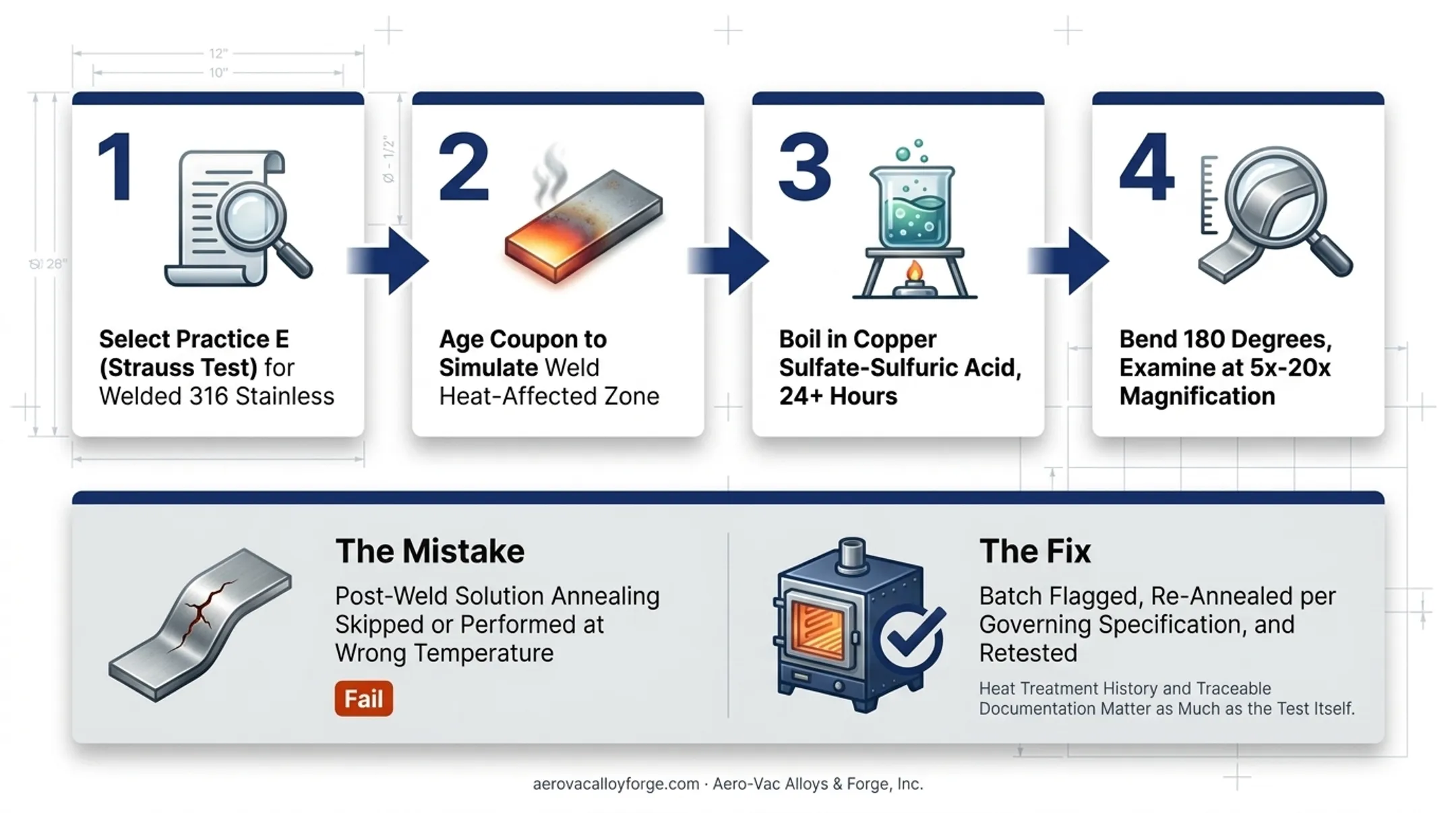 316 stainless steel Strauss test failure and corrective action case timeline