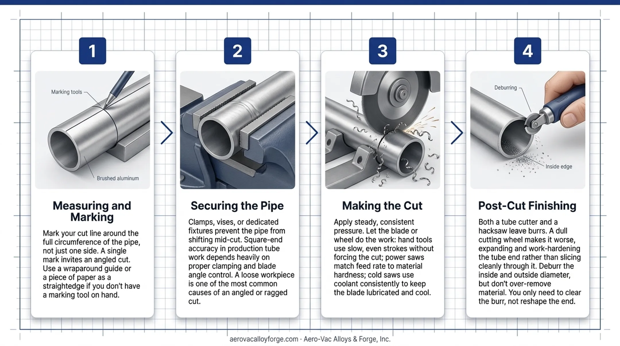 four-step process for clean accurate pipe cutting from marking to deburring