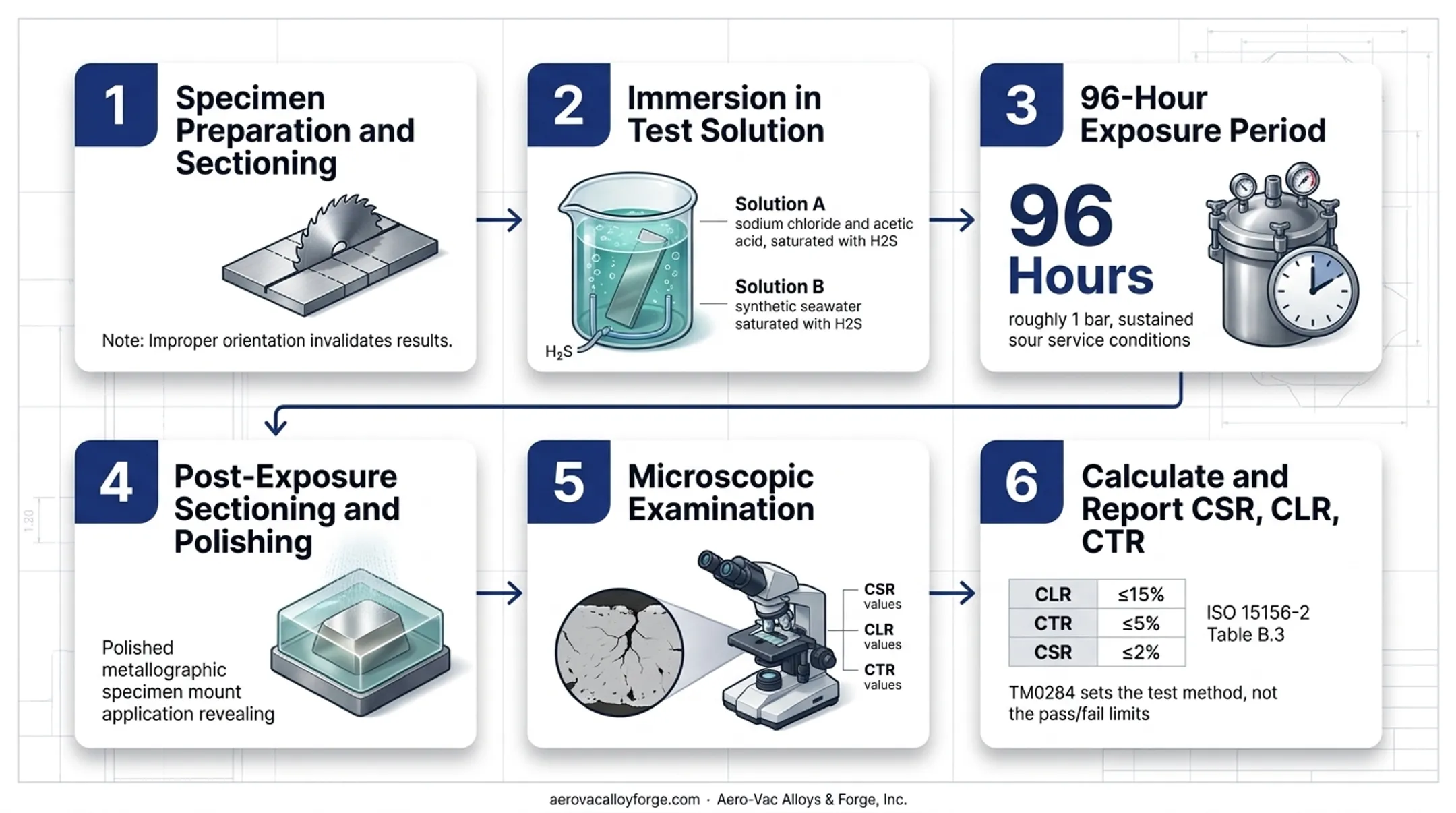 6-step NACE TM0284 hydrogen induced cracking test procedure flow