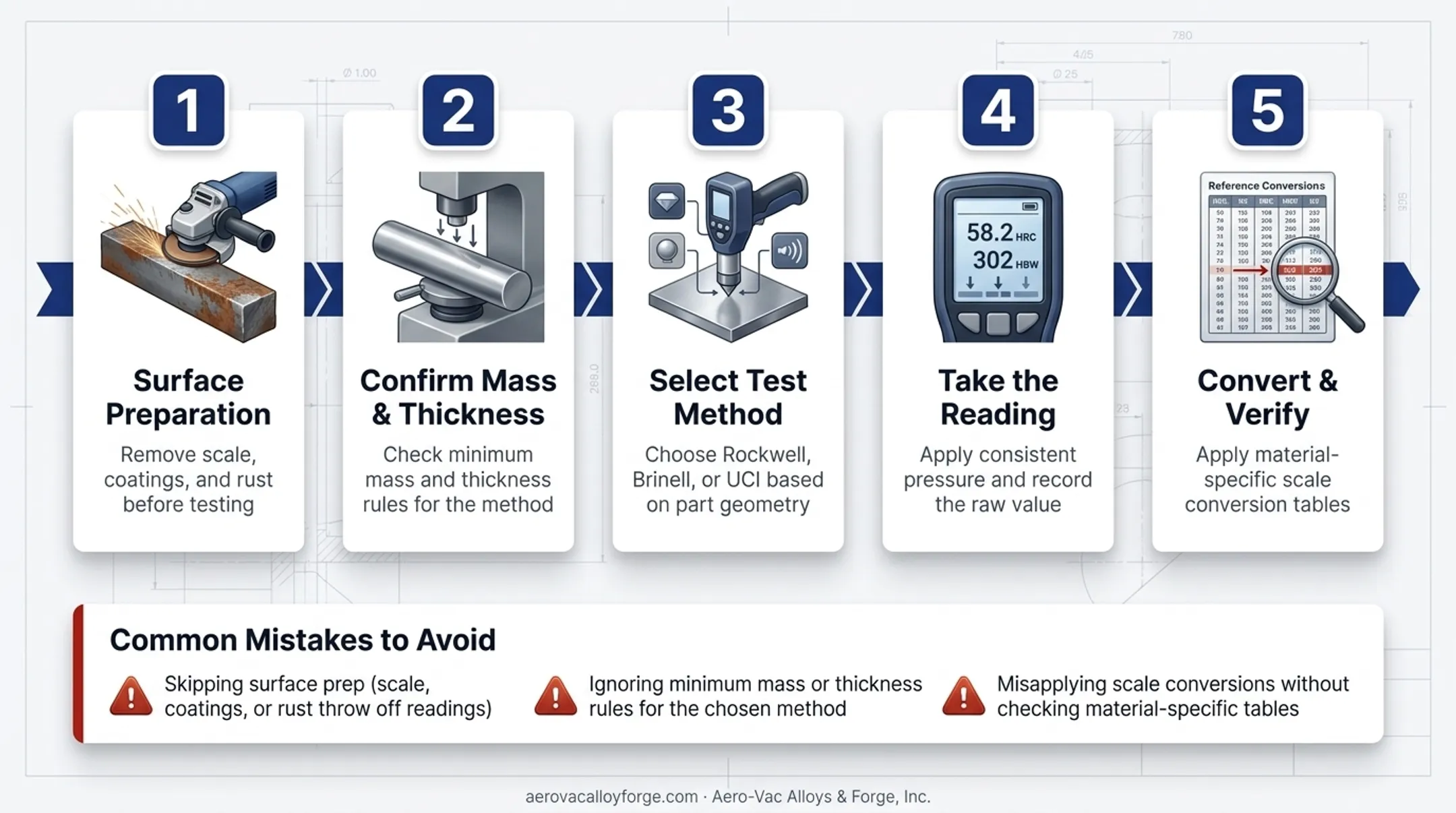 5-step non-destructive hardness testing process from method selection to documentation